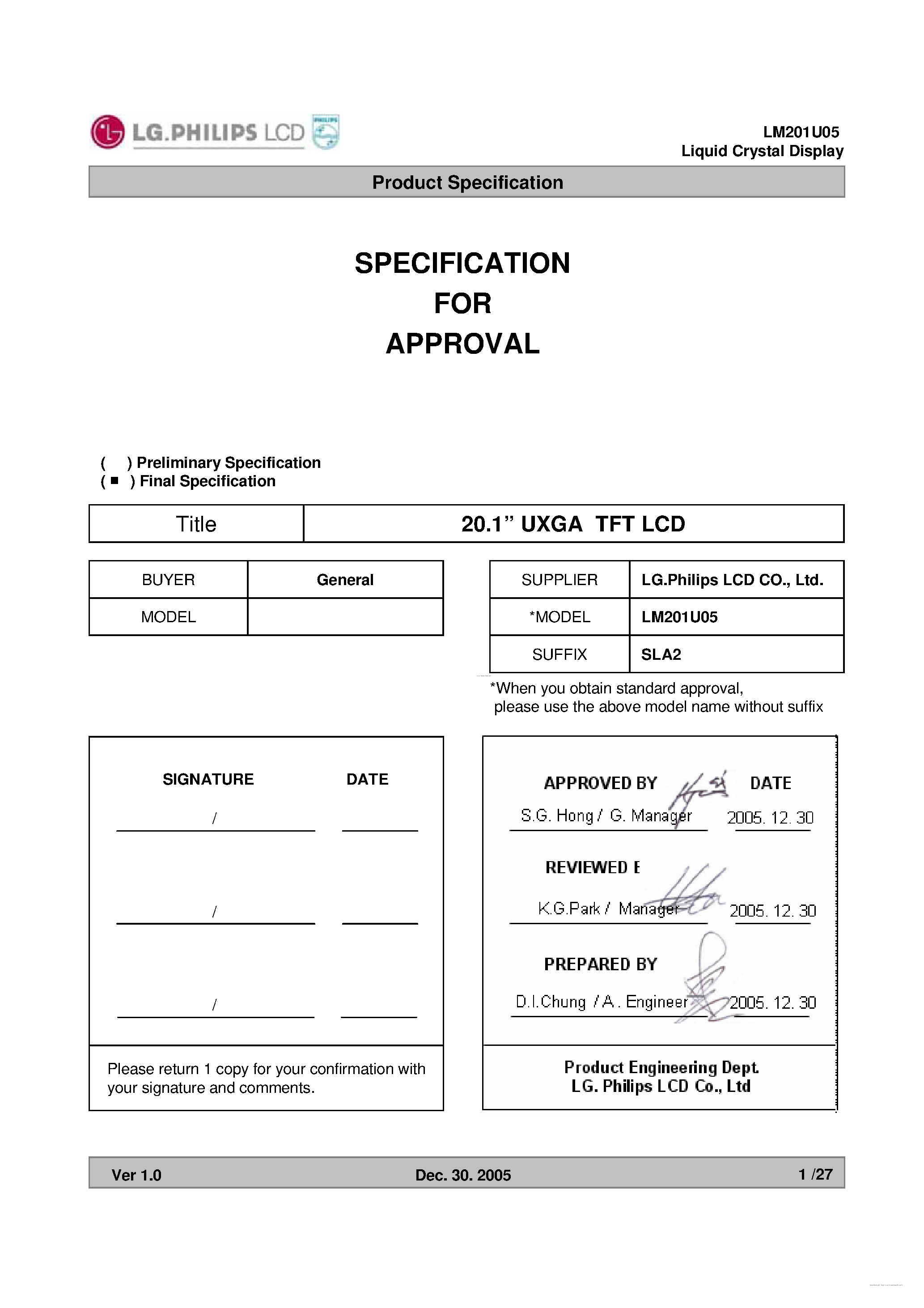 Даташит на микросхему LM201U05-SLA2 страница 1 Даташит LM201U05-SLA2 - TFT LCD Module страница 1