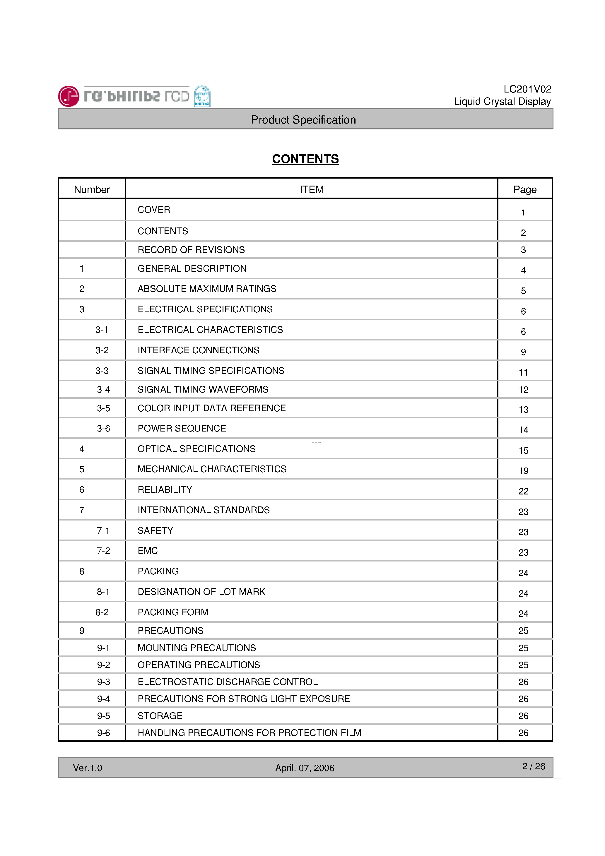 Datasheet LC201V02-SDB1 page 2 Datasheet LC201V02-SDB1 - TFT LCD Module page 2