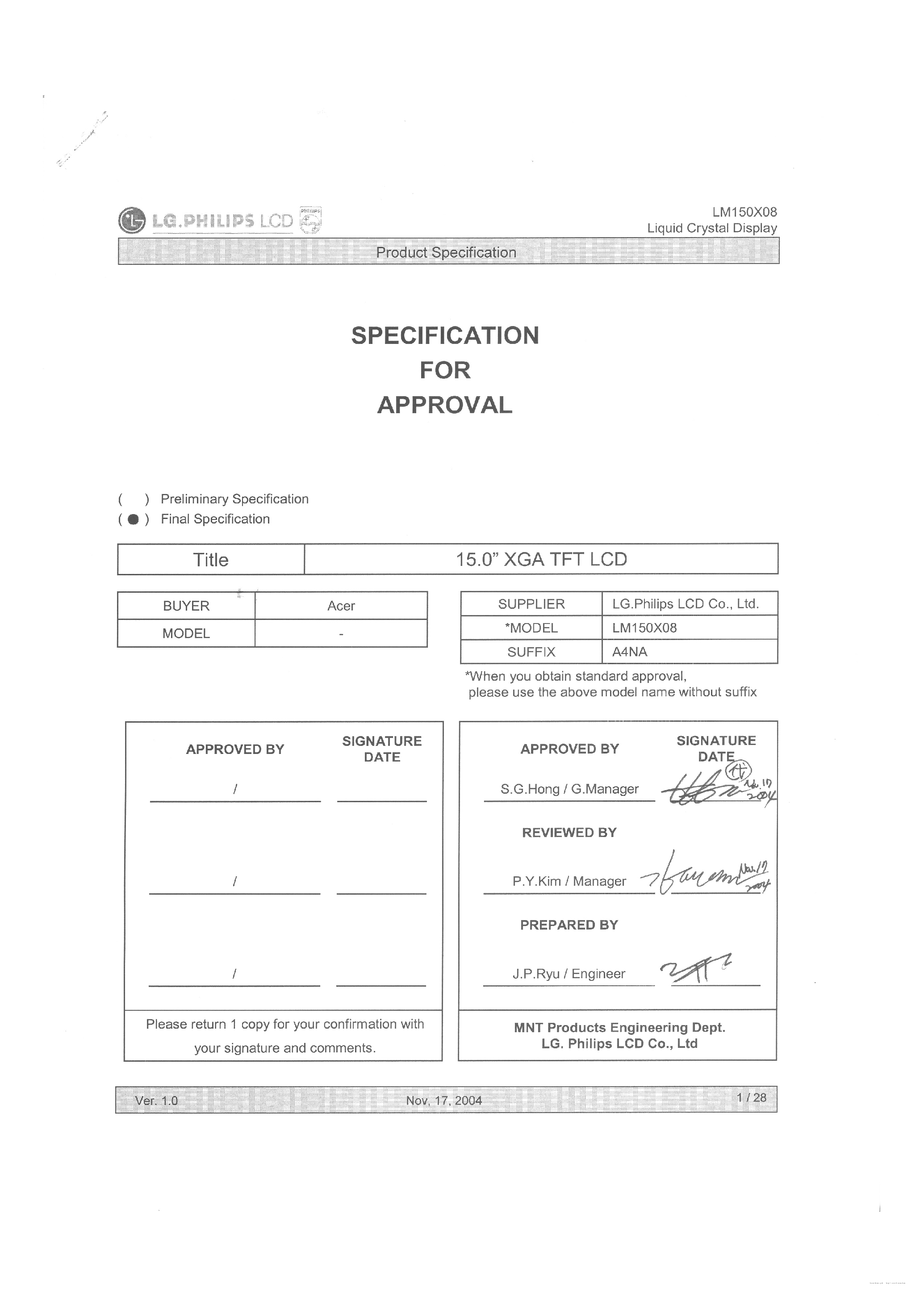 Datasheet LM150X08-A4NA page 1 Datasheet LM150X08-A4NA - TFT LCD Module page 1