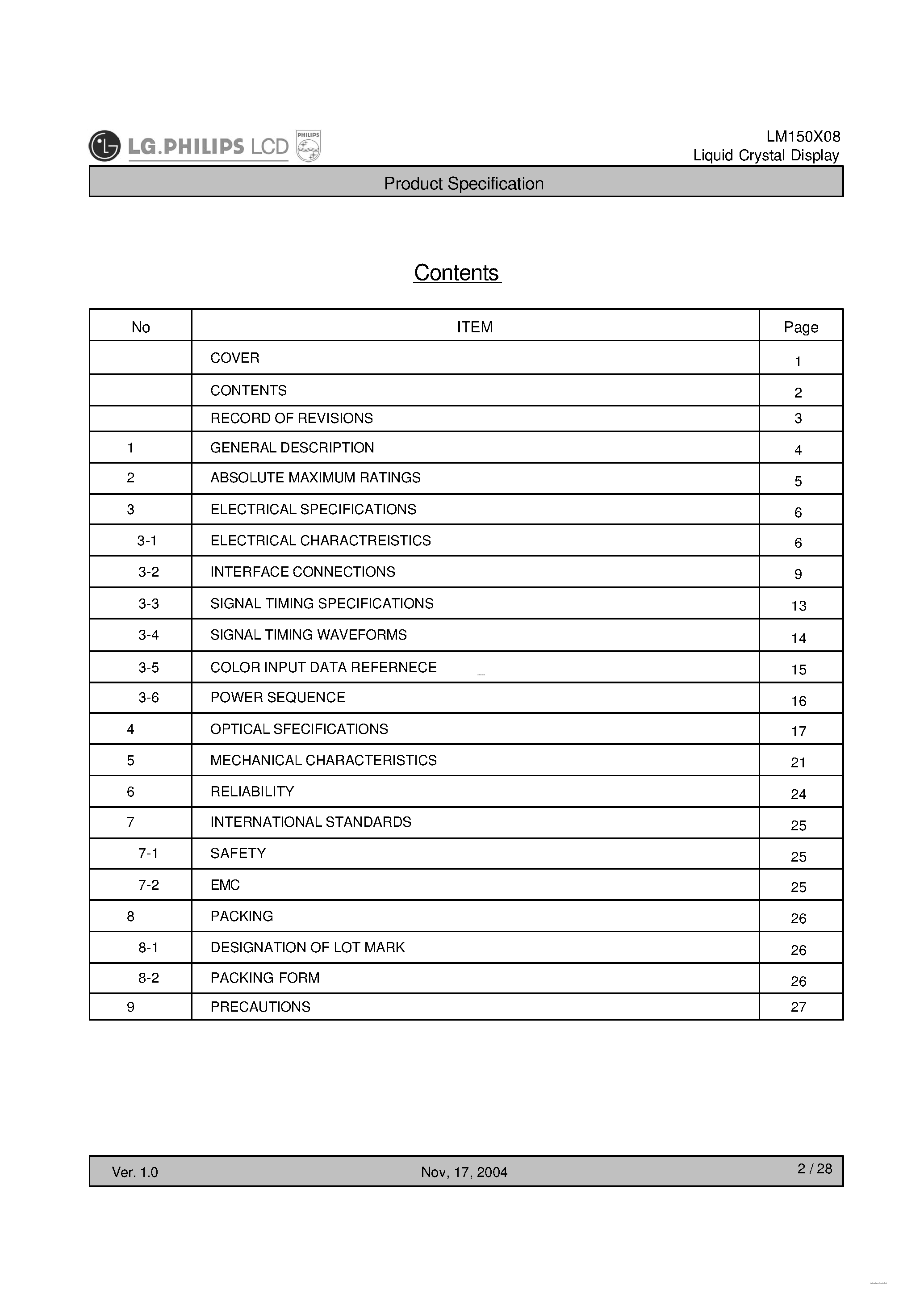 Datasheet LM150X08-A4NA page 2 Datasheet LM150X08-A4NA - TFT LCD Module page 2