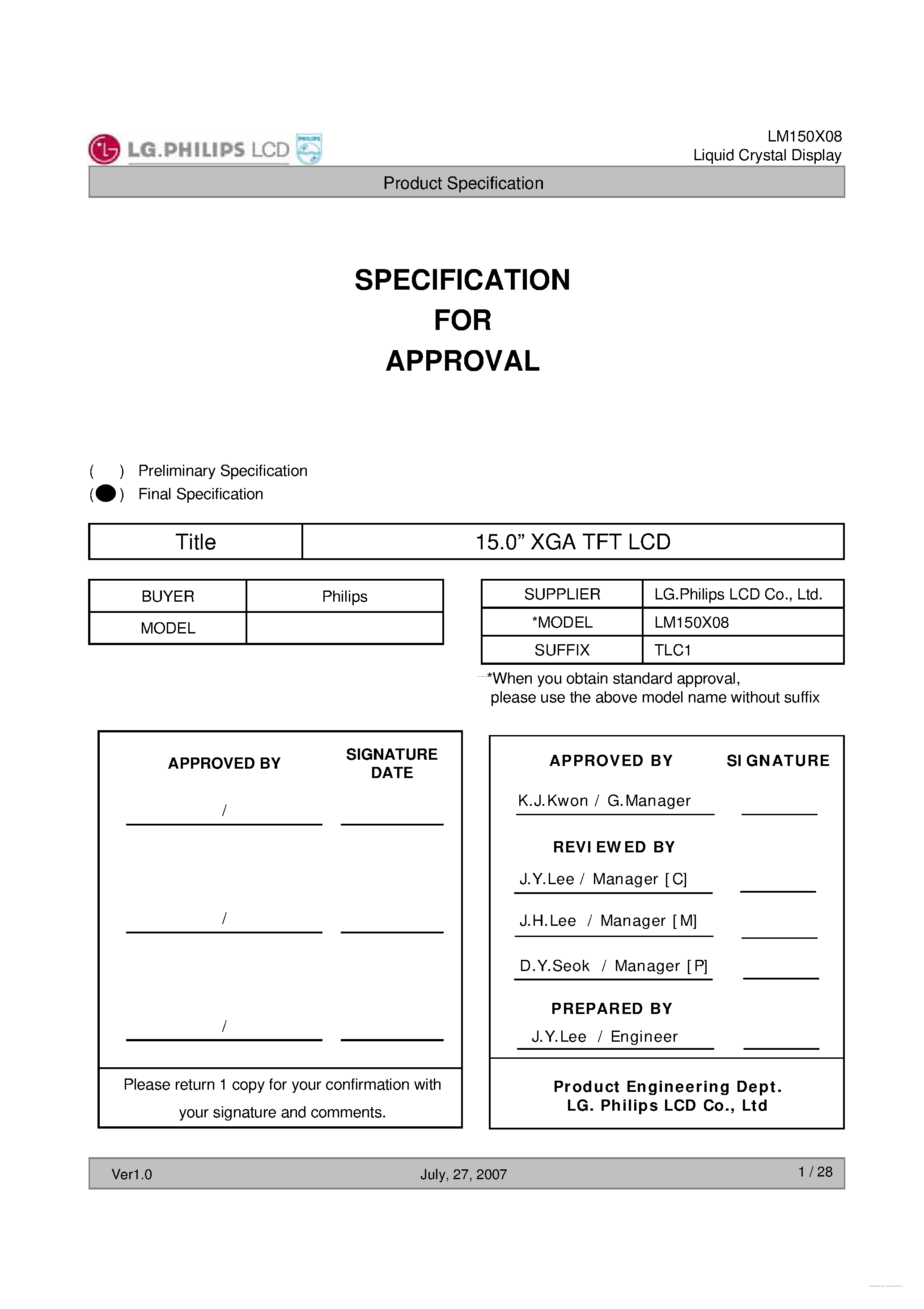 Datasheet LM150X08-TLC1 page 1 Datasheet LM150X08-TLC1 - TFT LCD Module page 1