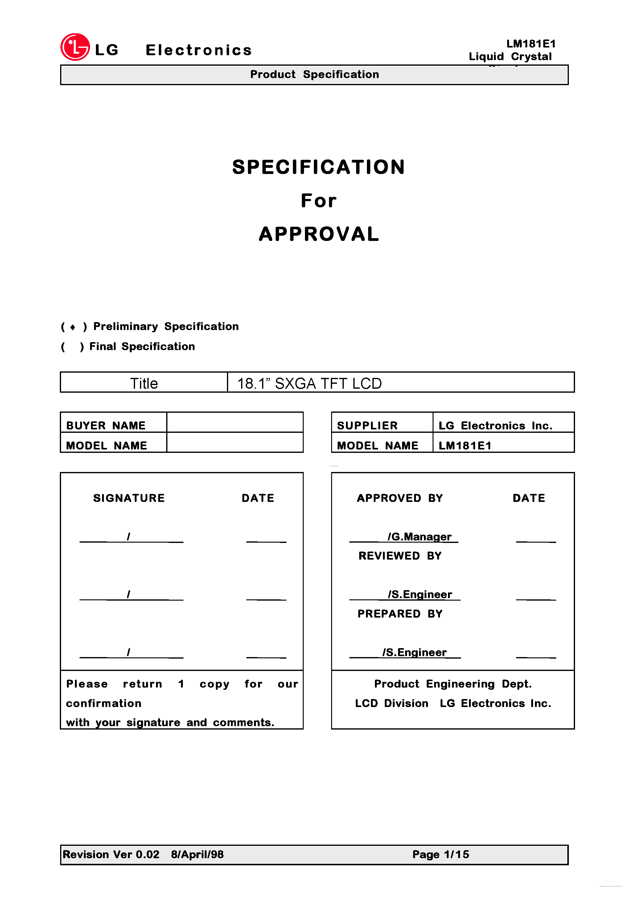 Даташит на микросхему LM181E1 страница 1 Даташит LM181E1 - TFT LCD Module страница 1