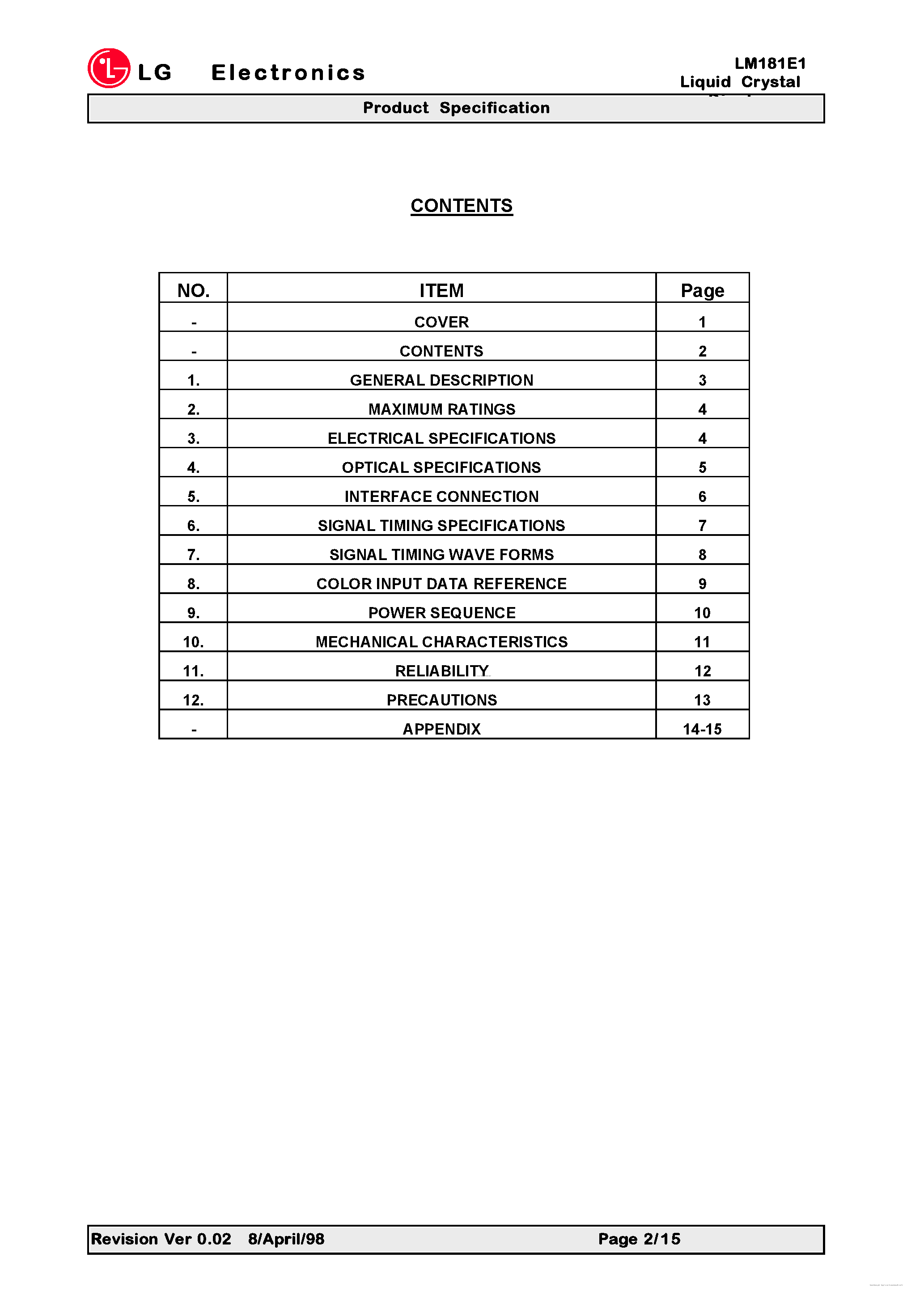 Даташит на микросхему LM181E1 страница 2 Даташит LM181E1 - TFT LCD Module страница 2