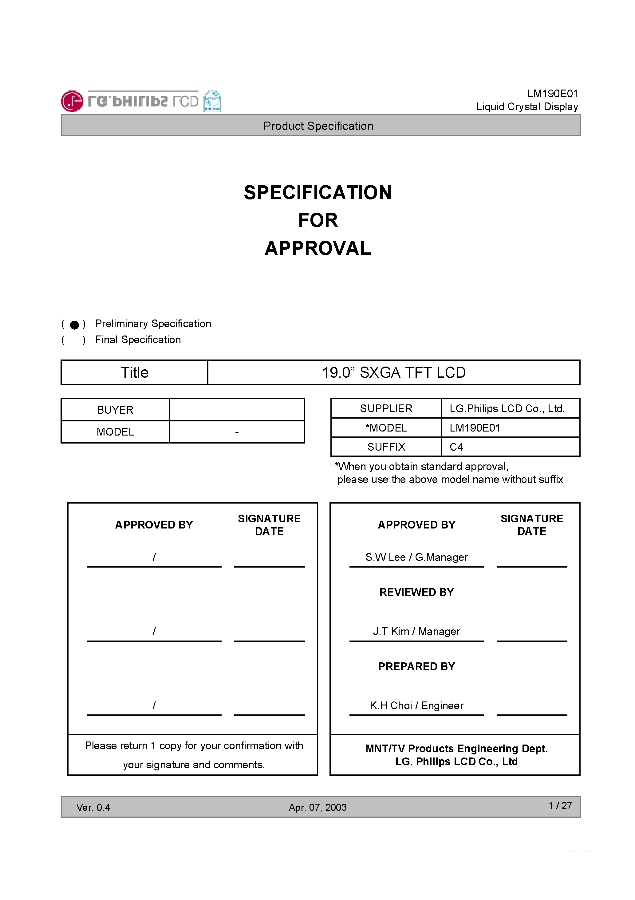 Даташит на микросхему LM191E01-C4 страница 1 Даташит LM191E01-C4 - TFT LCD Module страница 1