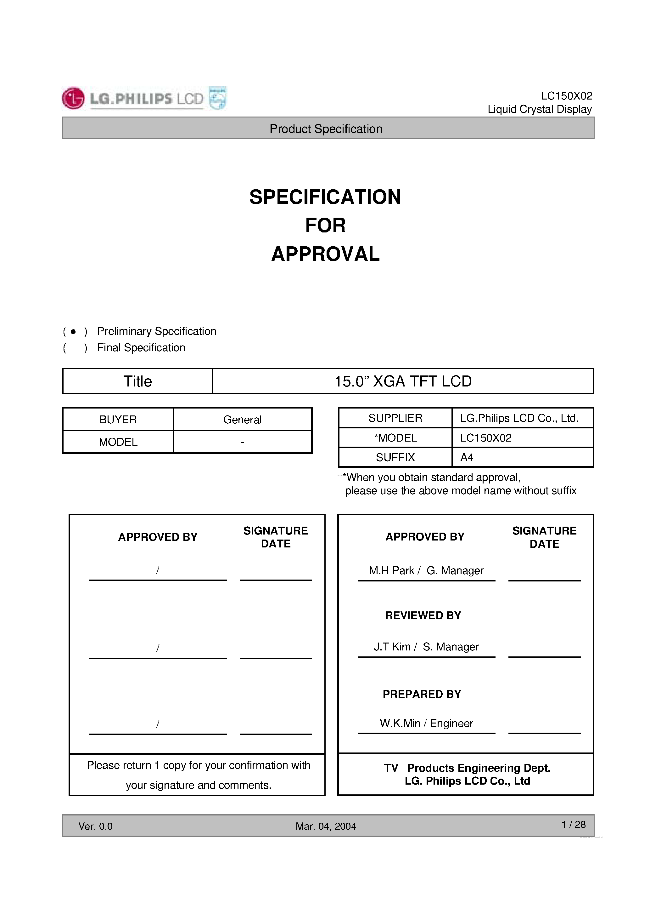 Datasheet LC150X02-A4 page 1 Datasheet LC150X02-A4 - TFT LCD Module page 1