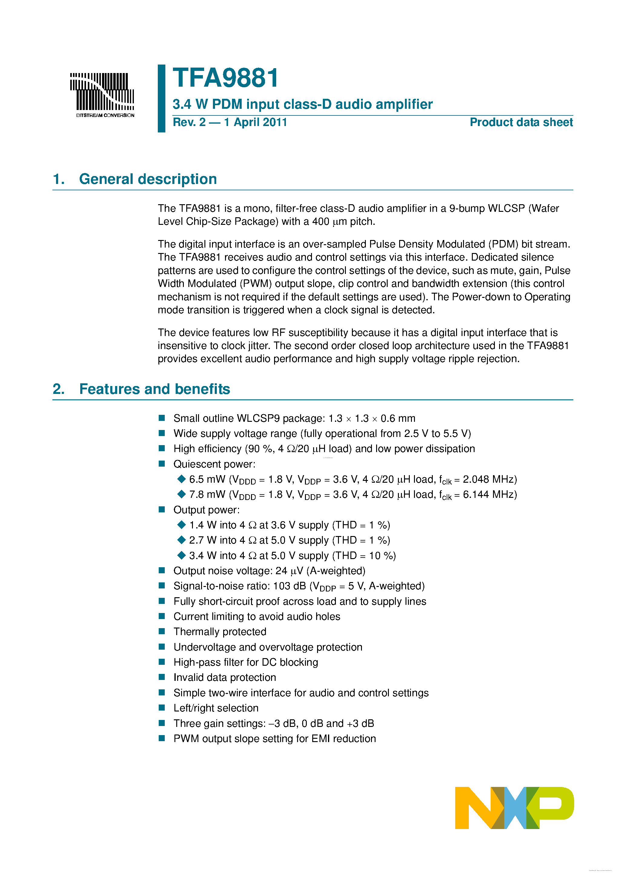 Datasheet TFA9881 page 1 Datasheet TFA9881 - 3.4 W PDM input class-D audio amplifier page 1