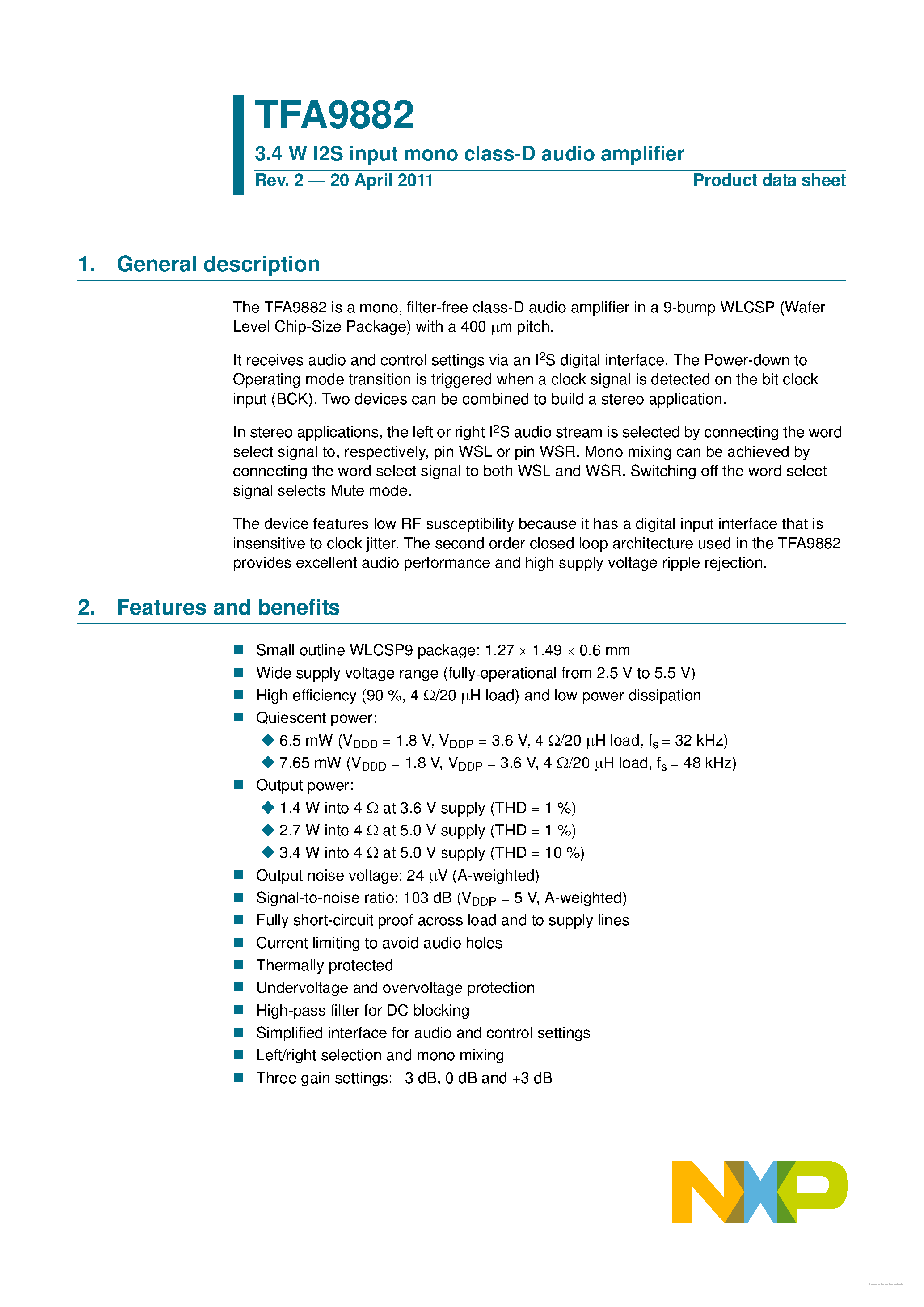 Datasheet TFA9882 - 3.4 W I2S input mono class-D audio amplifier page 1