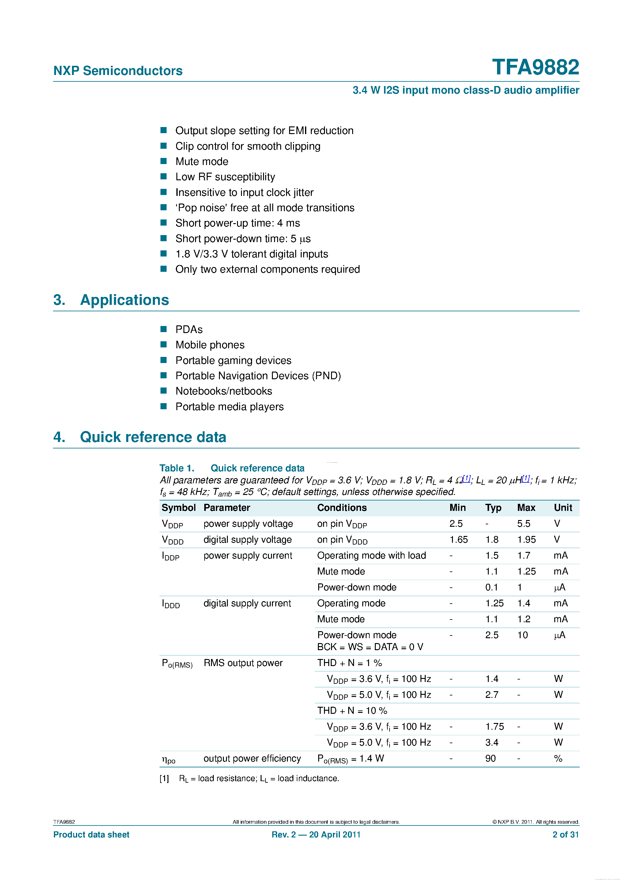 Datasheet TFA9882 - 3.4 W I2S input mono class-D audio amplifier page 2