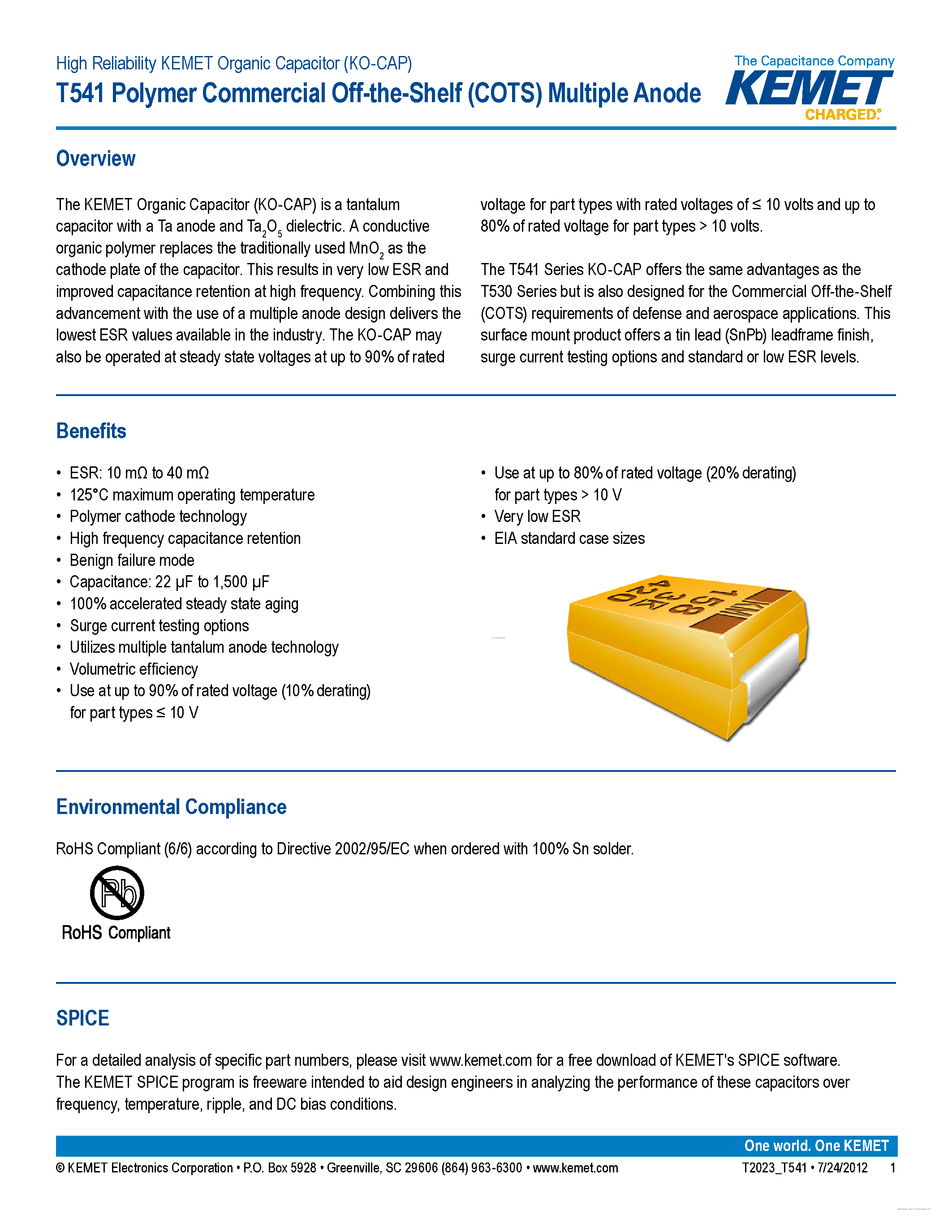 Datasheet T541 - High Reliability KEMET Organic Capacitor page 1