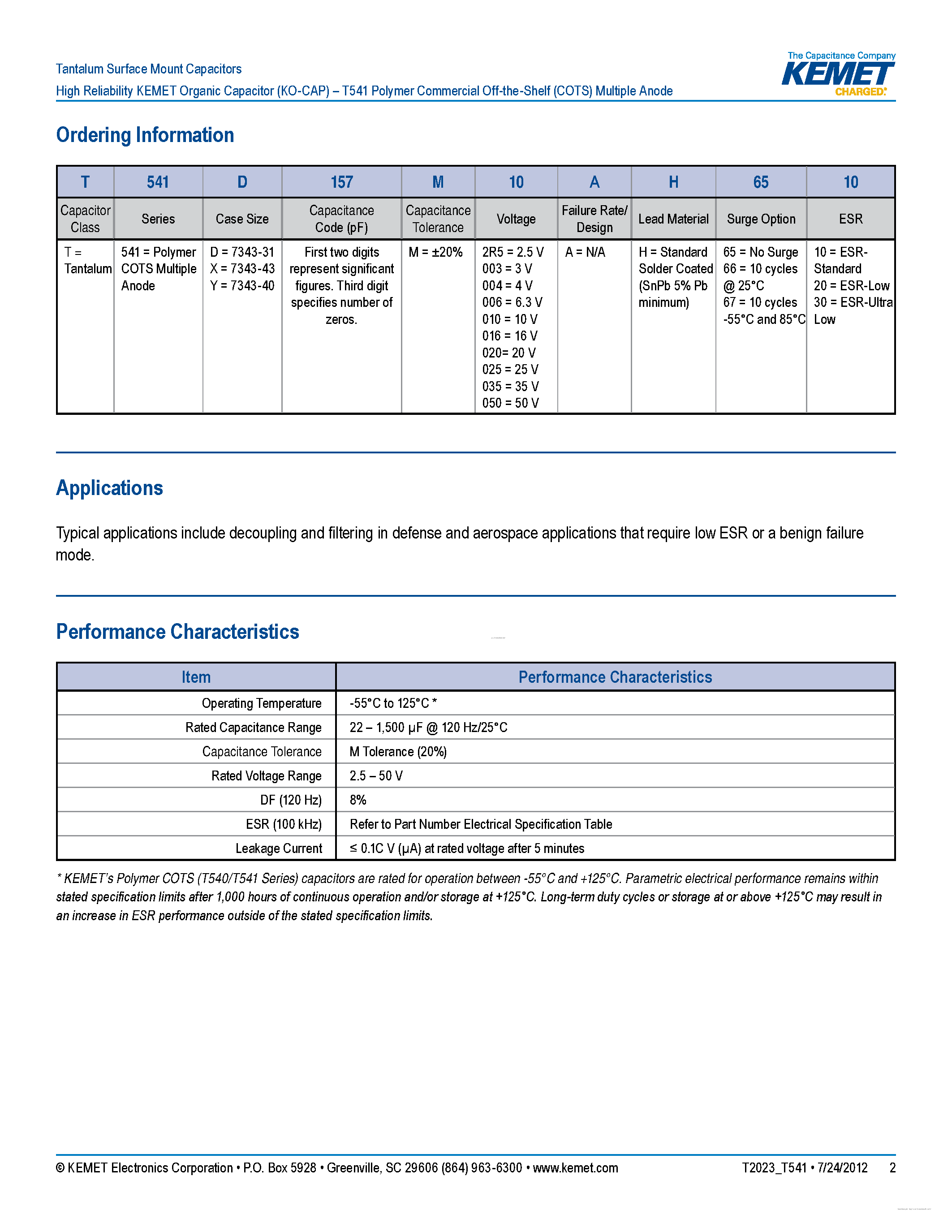 Datasheet T541 - High Reliability KEMET Organic Capacitor page 2