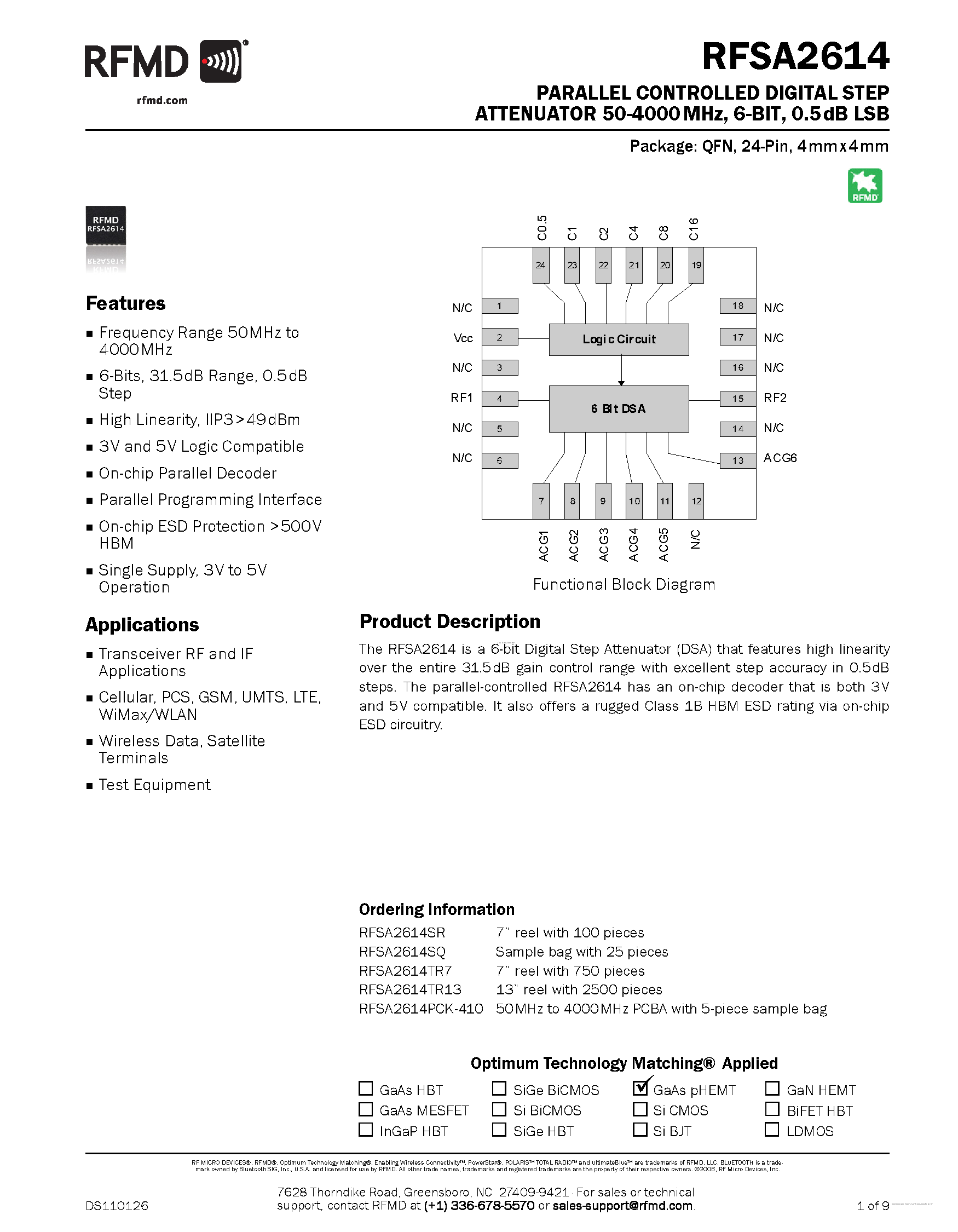 Datasheet RFSA2614 - PARALLEL CONTROLLED DIGITAL STEP ATTENUATOR page 1