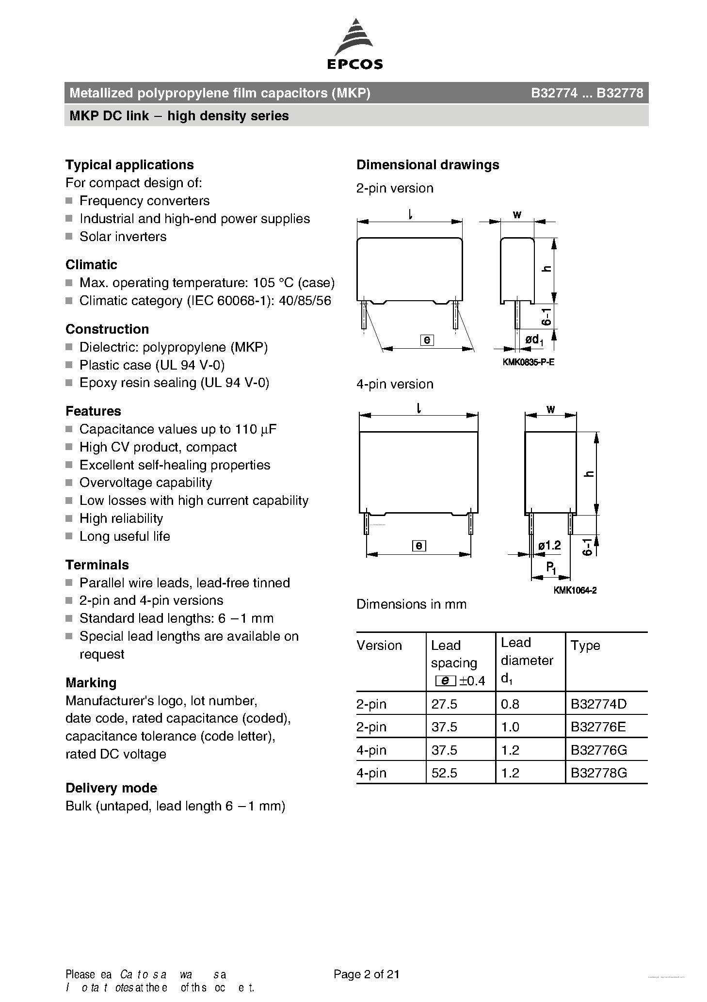 Datasheet B32776E - Metallized Polypropylene Film Capacitors page 2