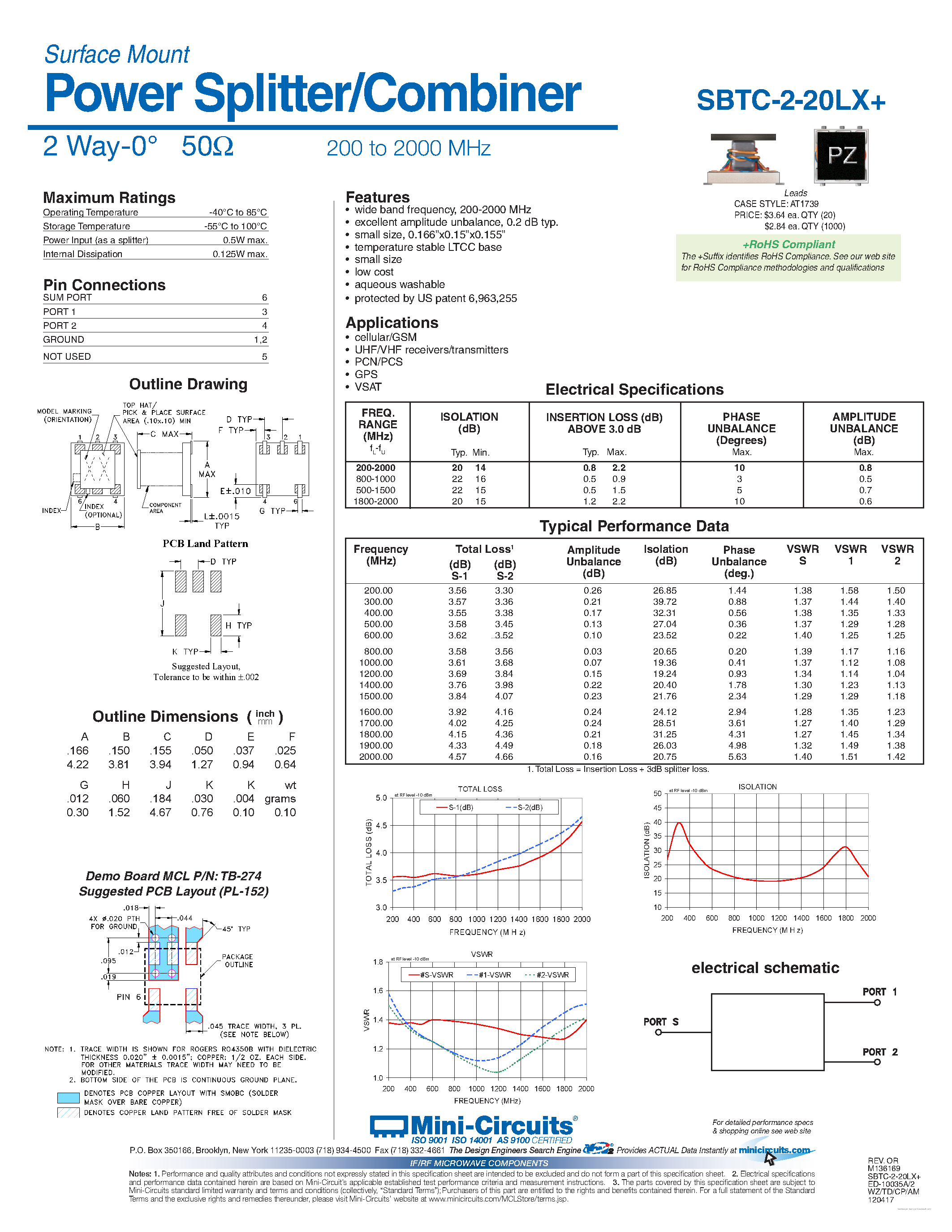 Datasheet SBTC-2-20LX+ page 1 Datasheet SBTC-2-20LX+ - Power Splitter/Combiner page 1