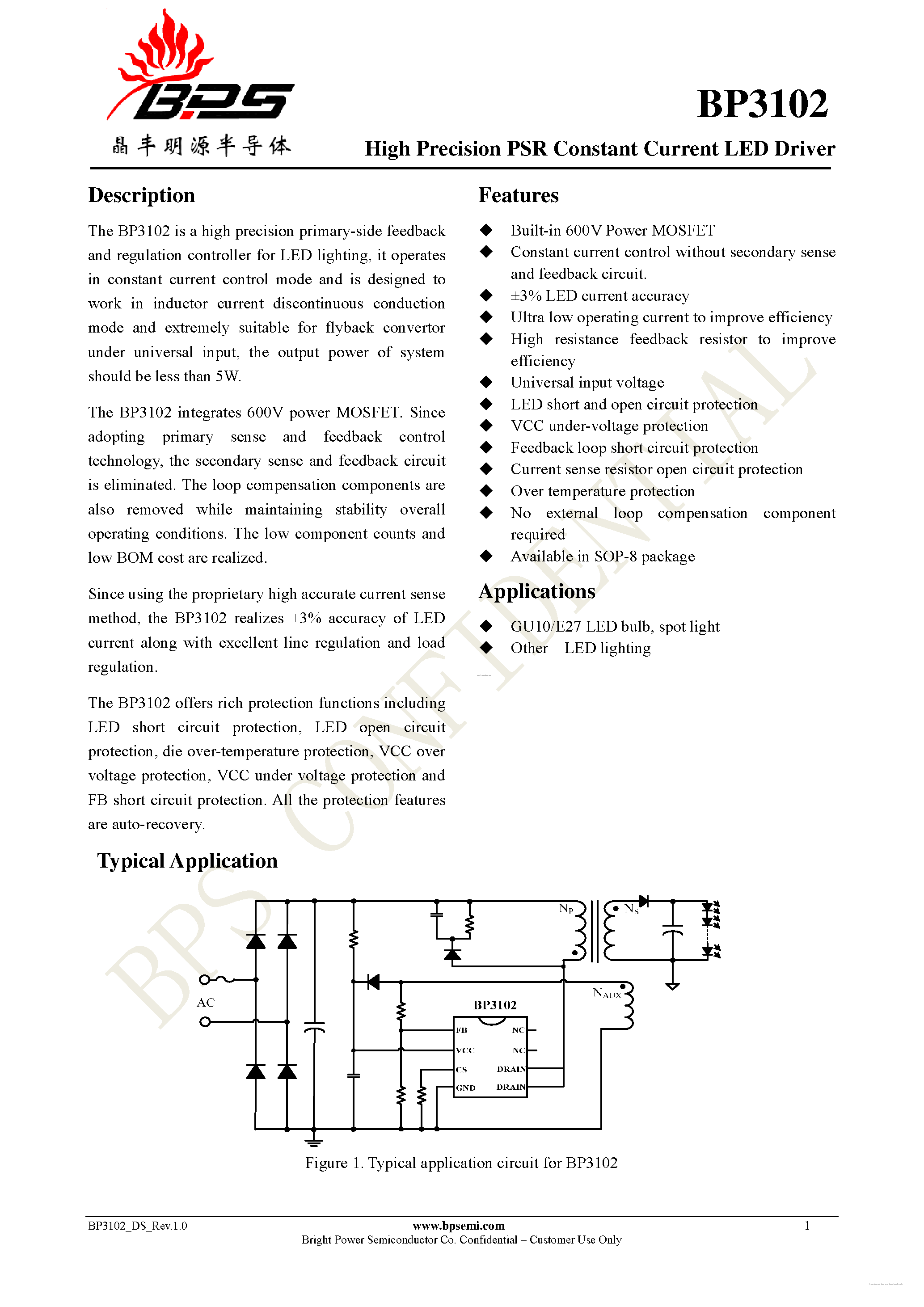 Даташит на микросхему BP3102 страница 1 Даташит BP3102 - High Precision PSR Constant Current LED Driver страница 1