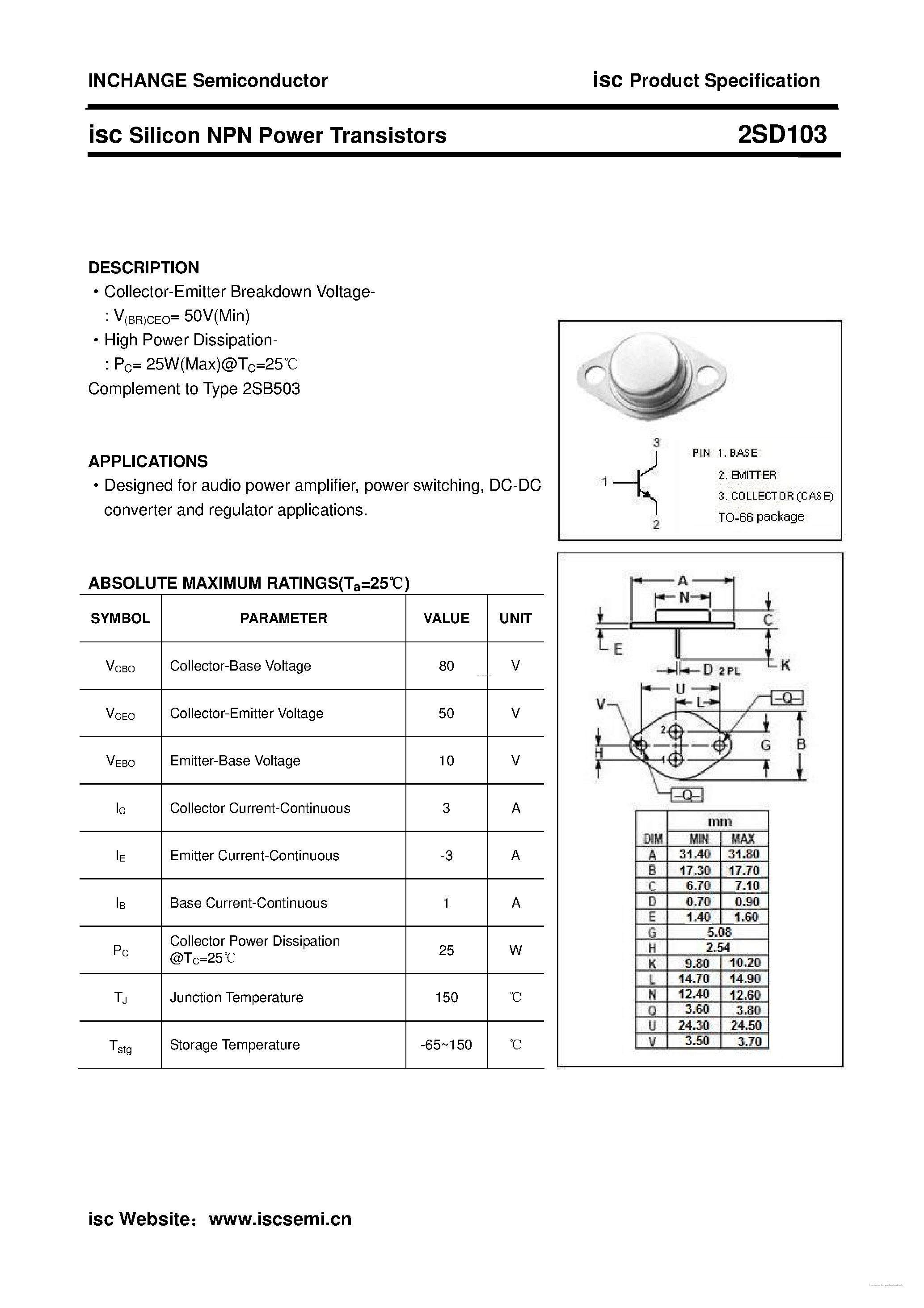 Datasheet D103 page 1 Datasheet D103 - Search -----> 2SD103 page 1