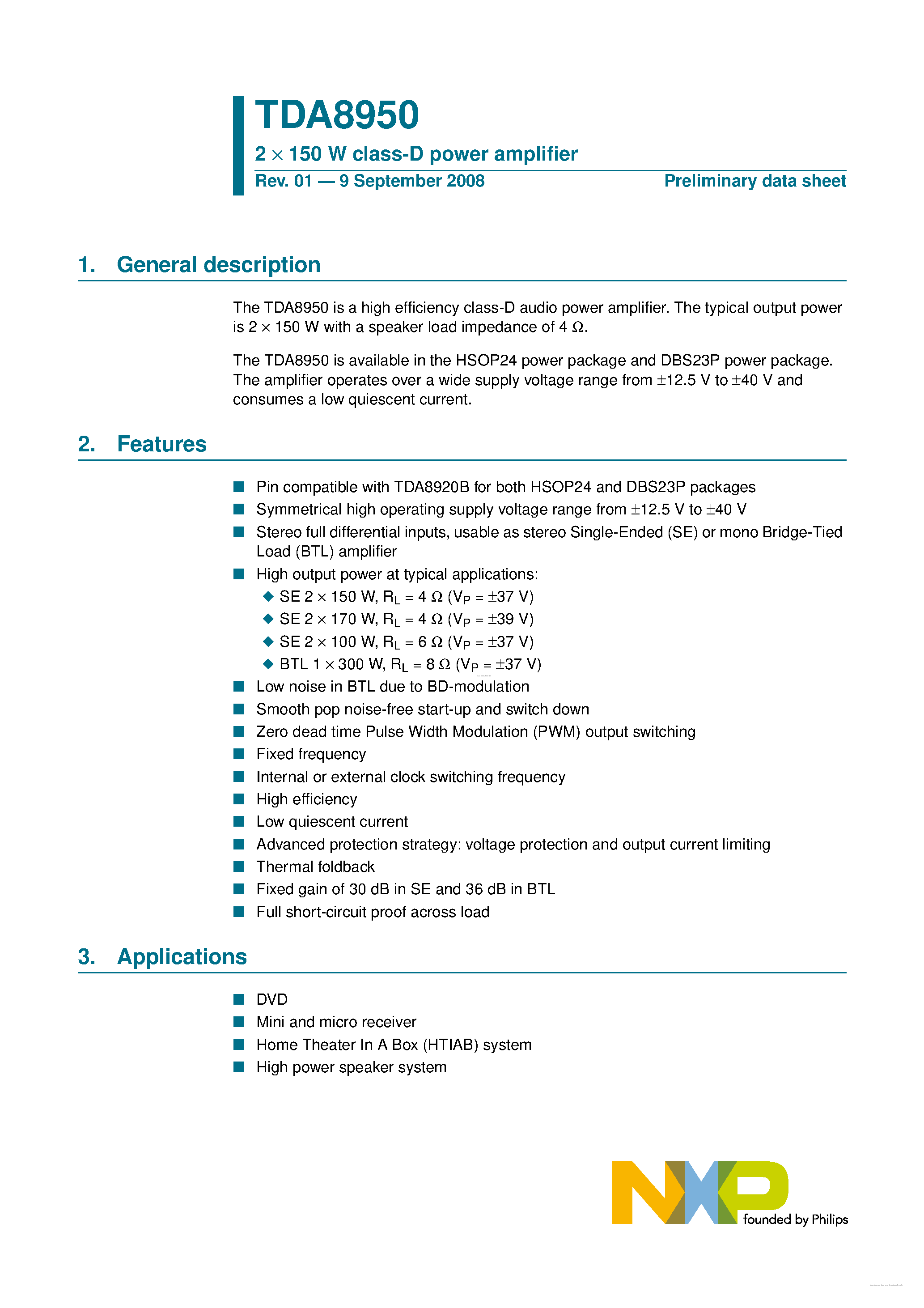 Datasheet TDA8950 page 1 Datasheet TDA8950 - page 1