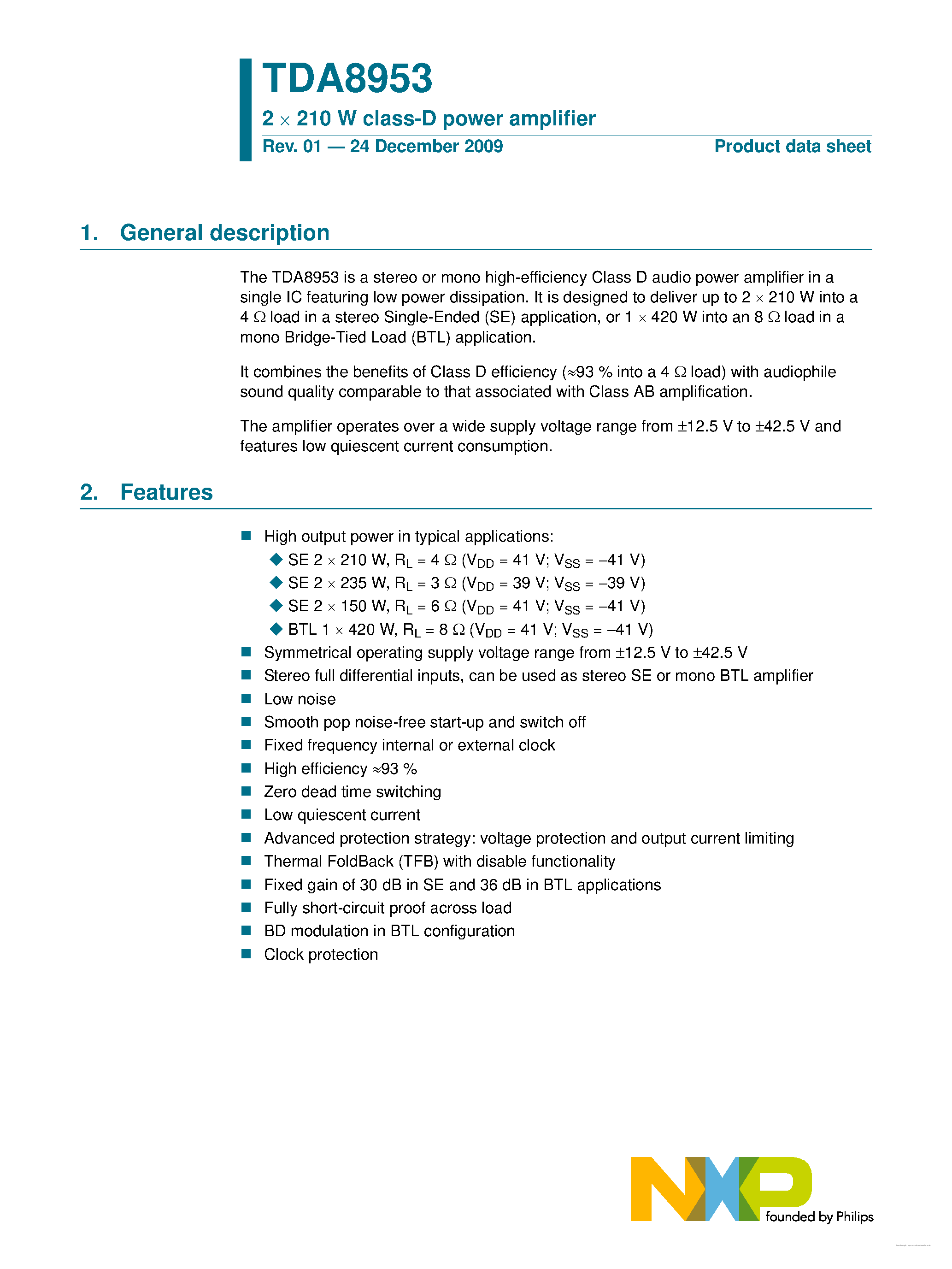 Даташит на микросхему TDA8953 страница 1 Даташит TDA8953 - страница 1