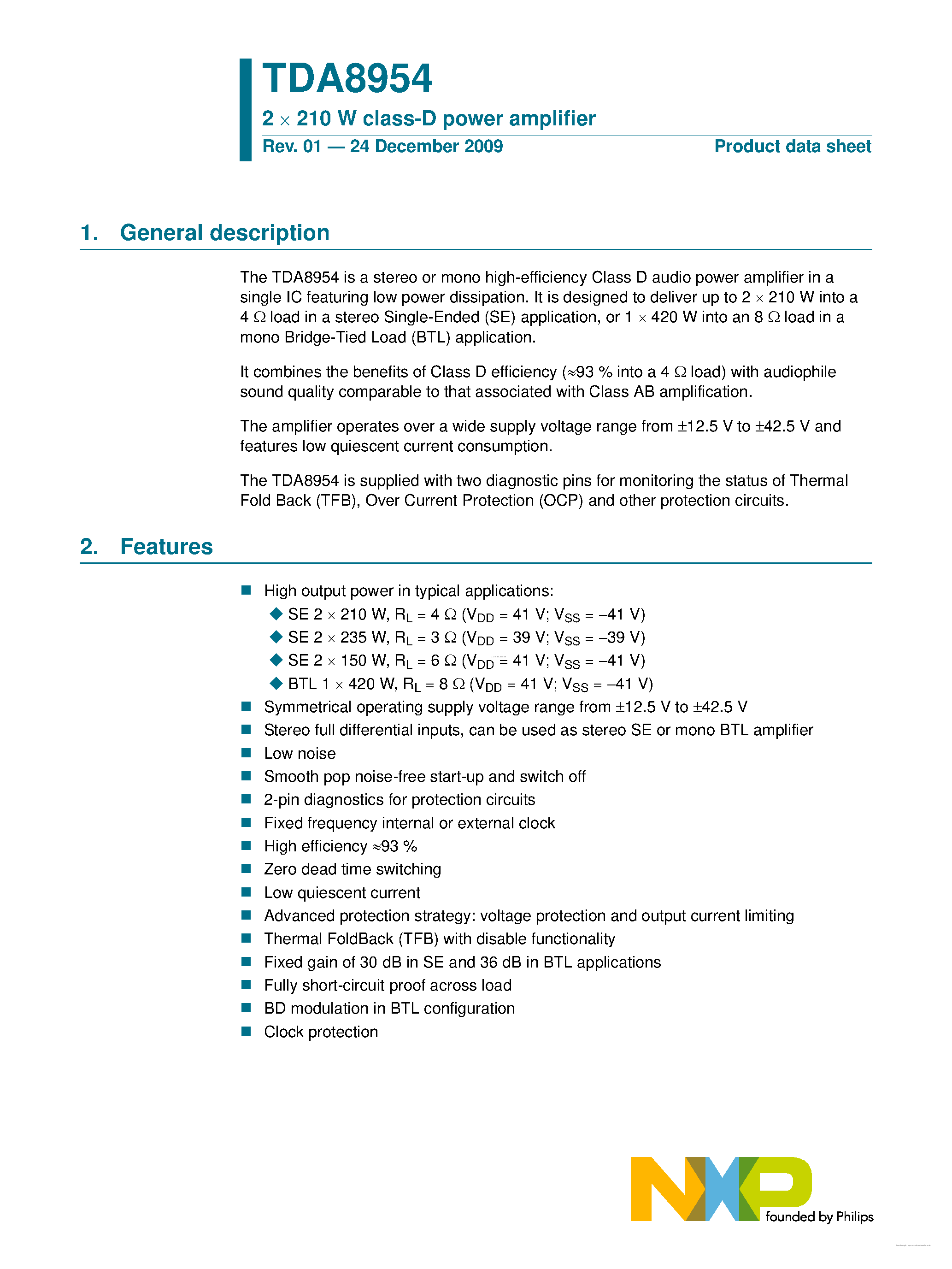 Datasheet TDA8954 page 1 Datasheet TDA8954 - page 1