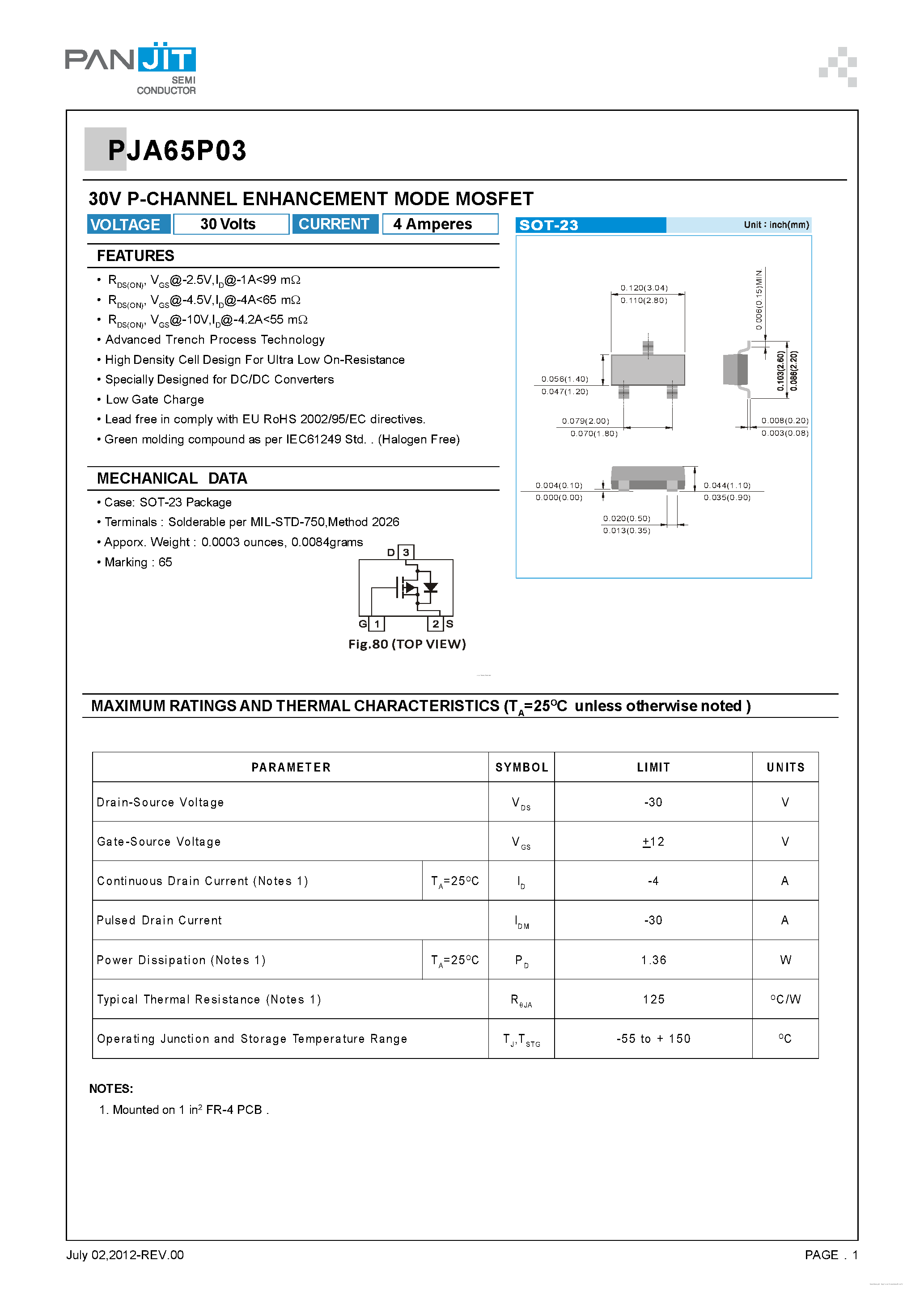 Datasheet PJA65P03 - 30V P-Channel Enhancement Mode MOSFET page 1