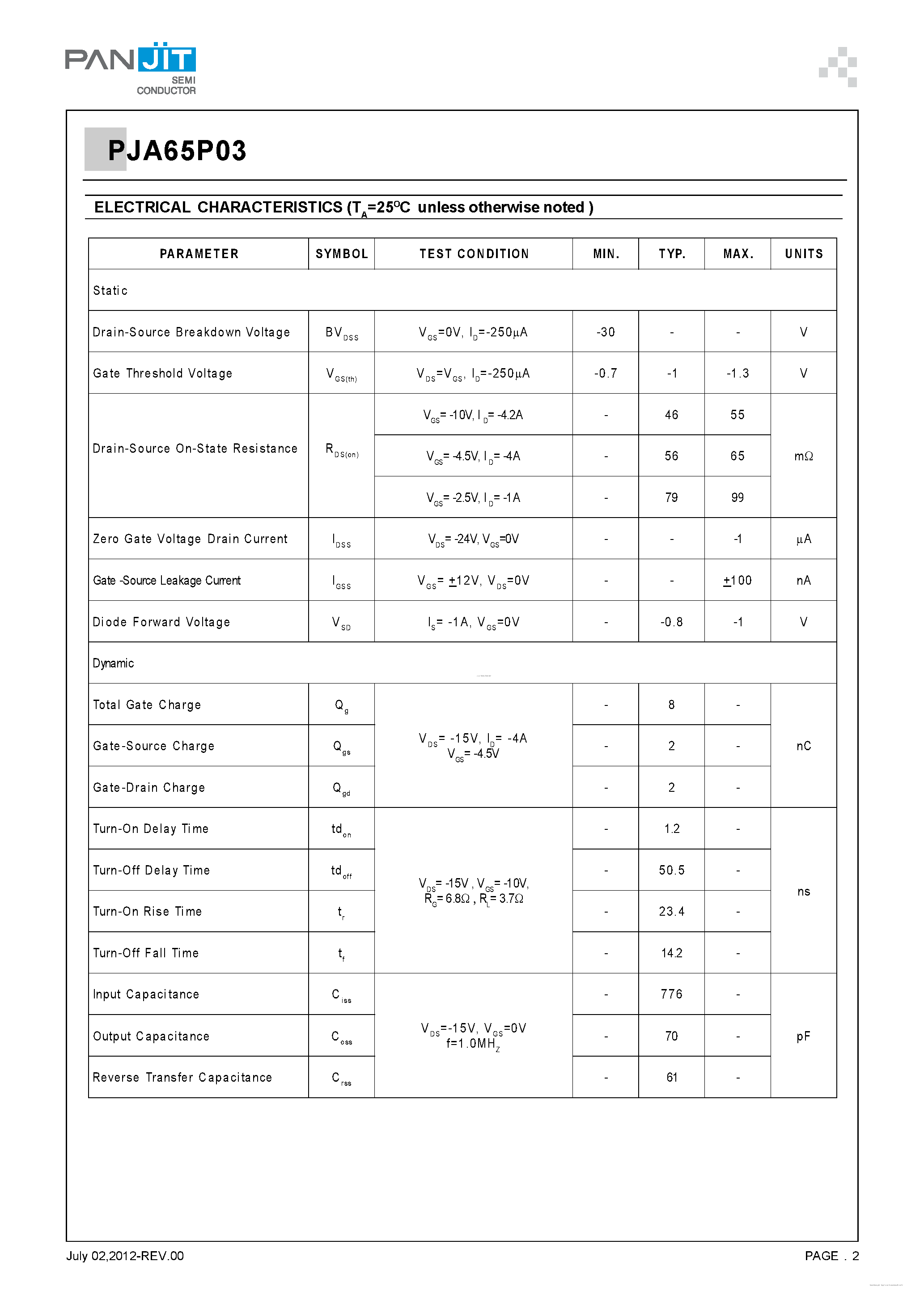 Datasheet PJA65P03 - 30V P-Channel Enhancement Mode MOSFET page 2
