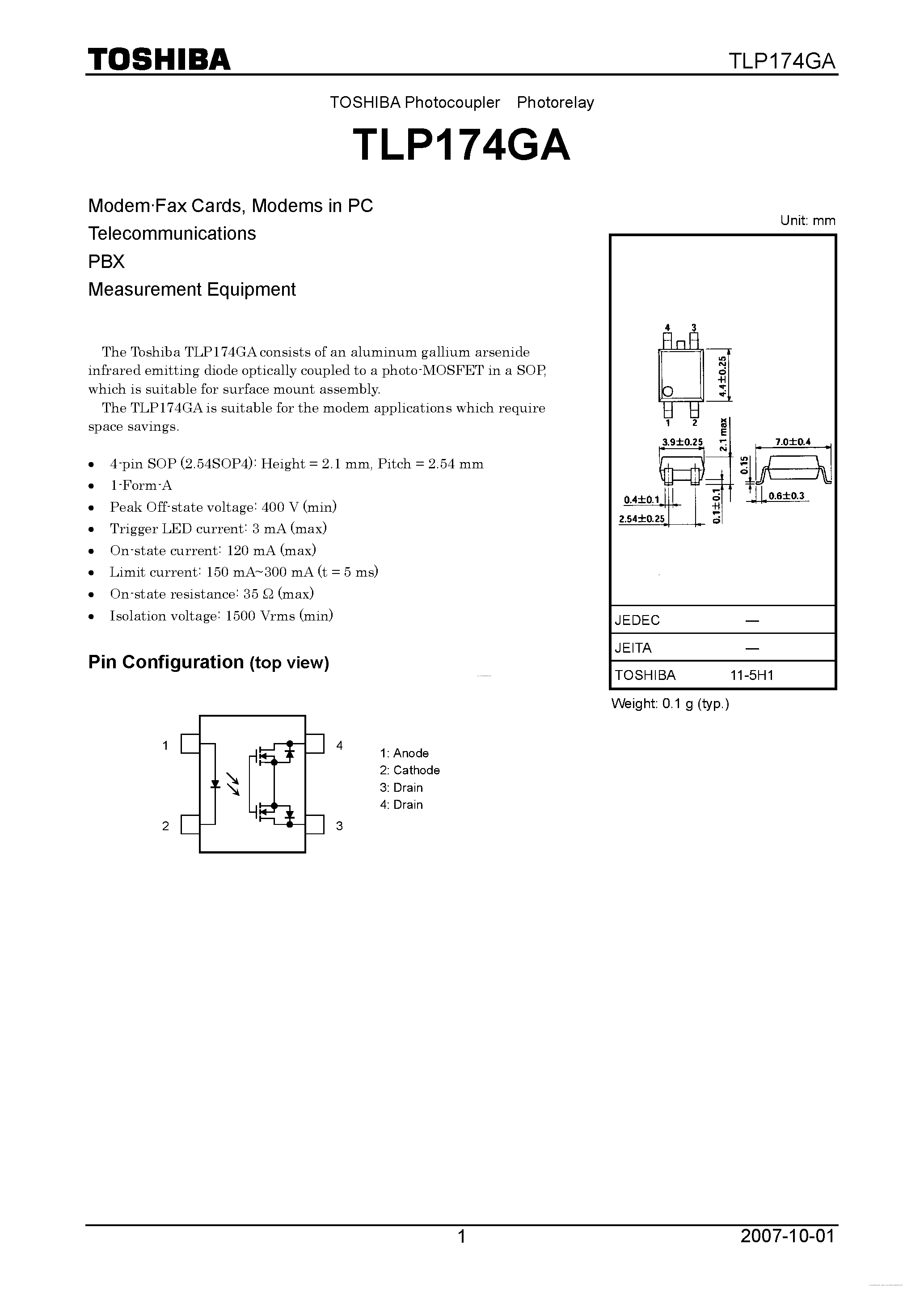 Datasheet TLP174GA page 1 Datasheet TLP174GA - page 1