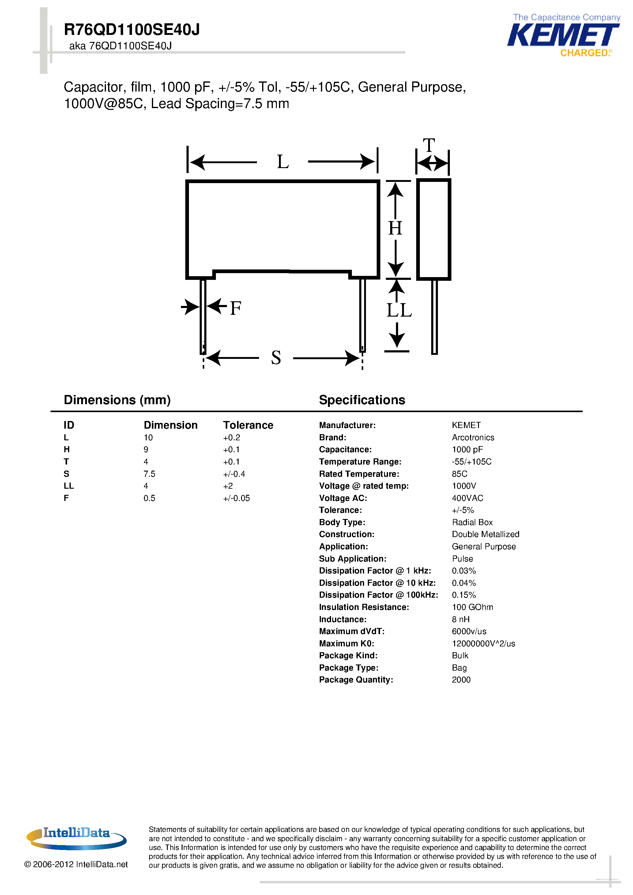 Datasheet R76QD1100SE40J - Capacitor page 1