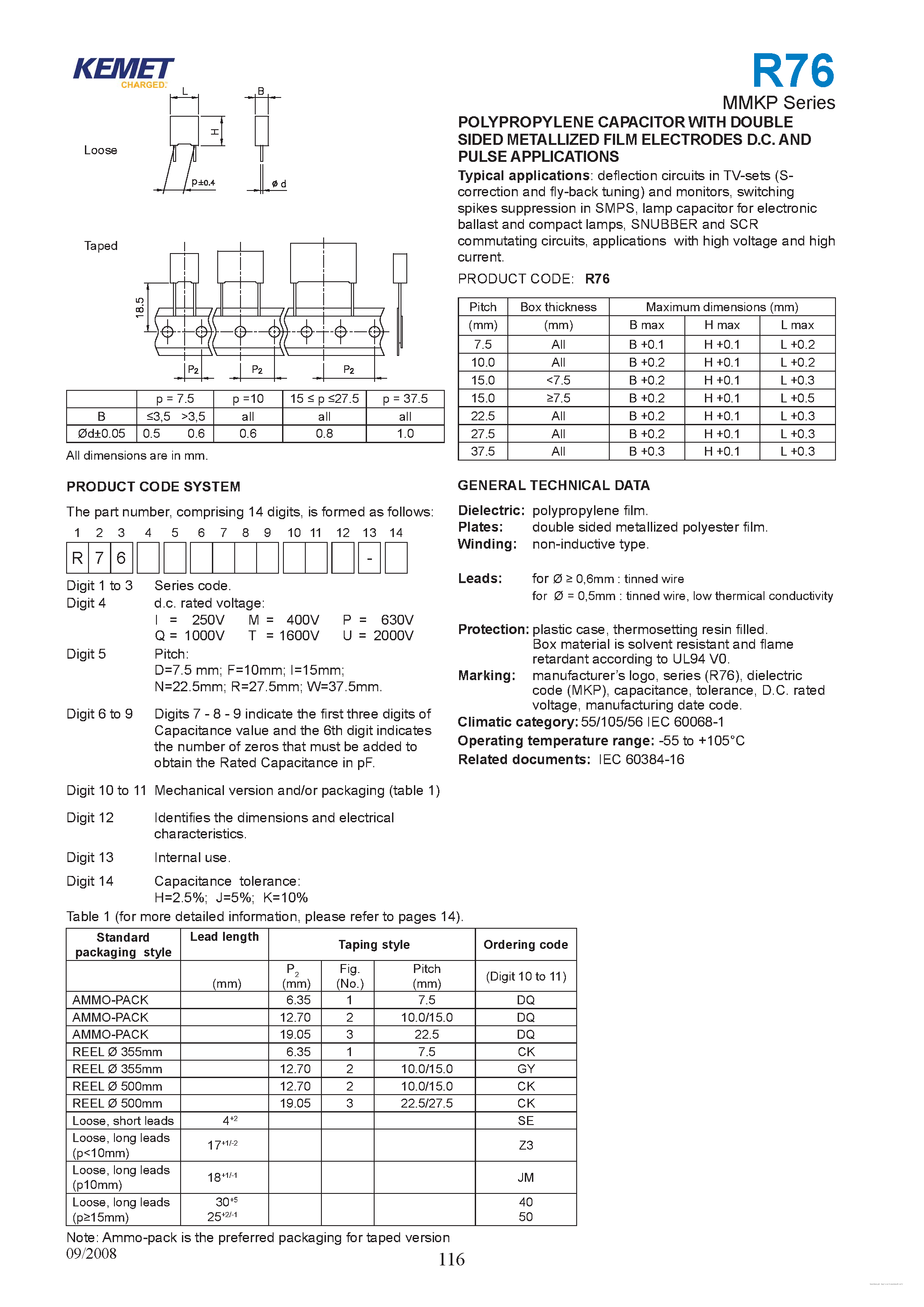 Даташит R76ID1680--3-- - Polypropylene Capacitor страница 1