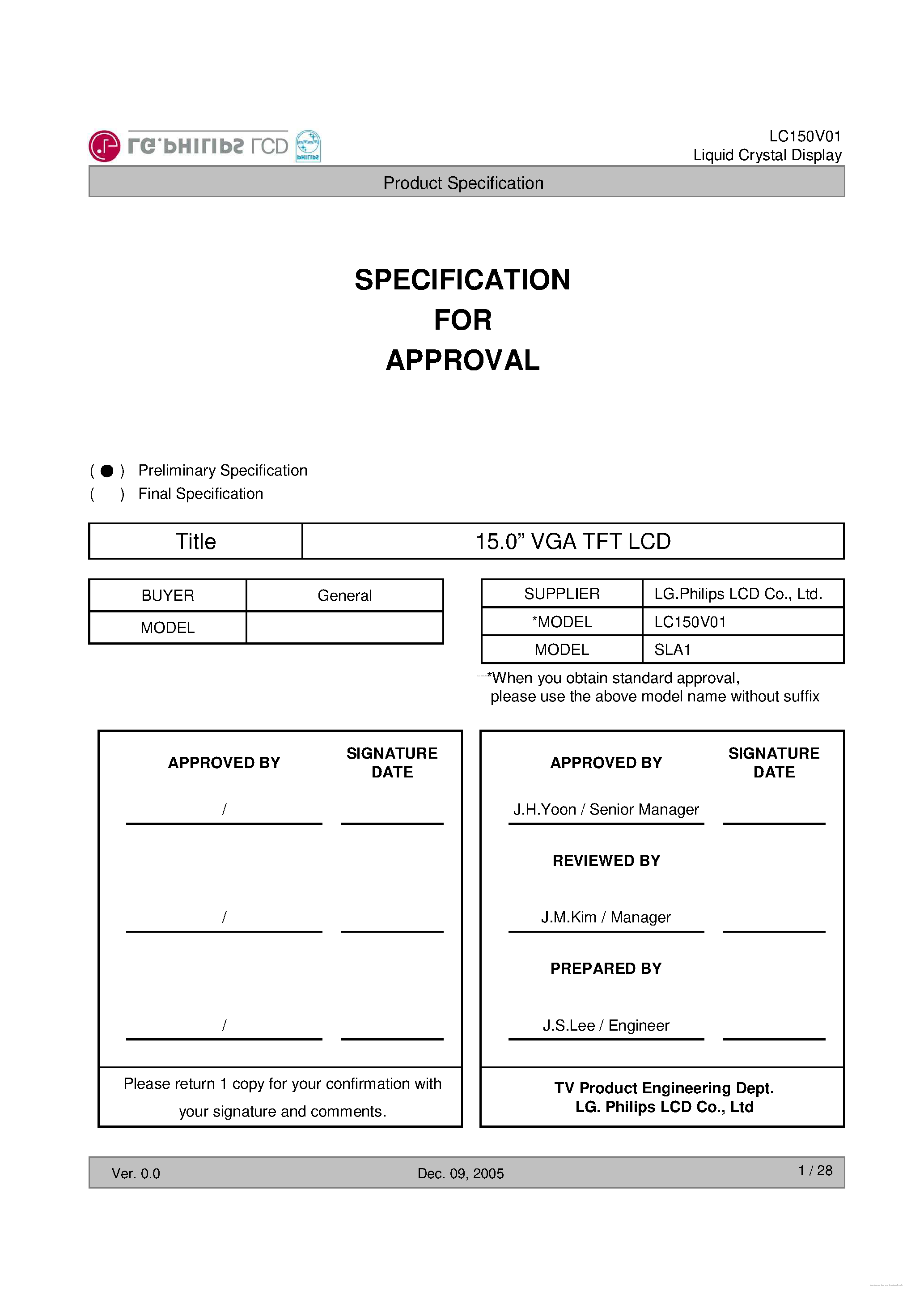 Datasheet LC150V01-SLA1 page 1 Datasheet LC150V01-SLA1 - Liquid Crystal Display page 1