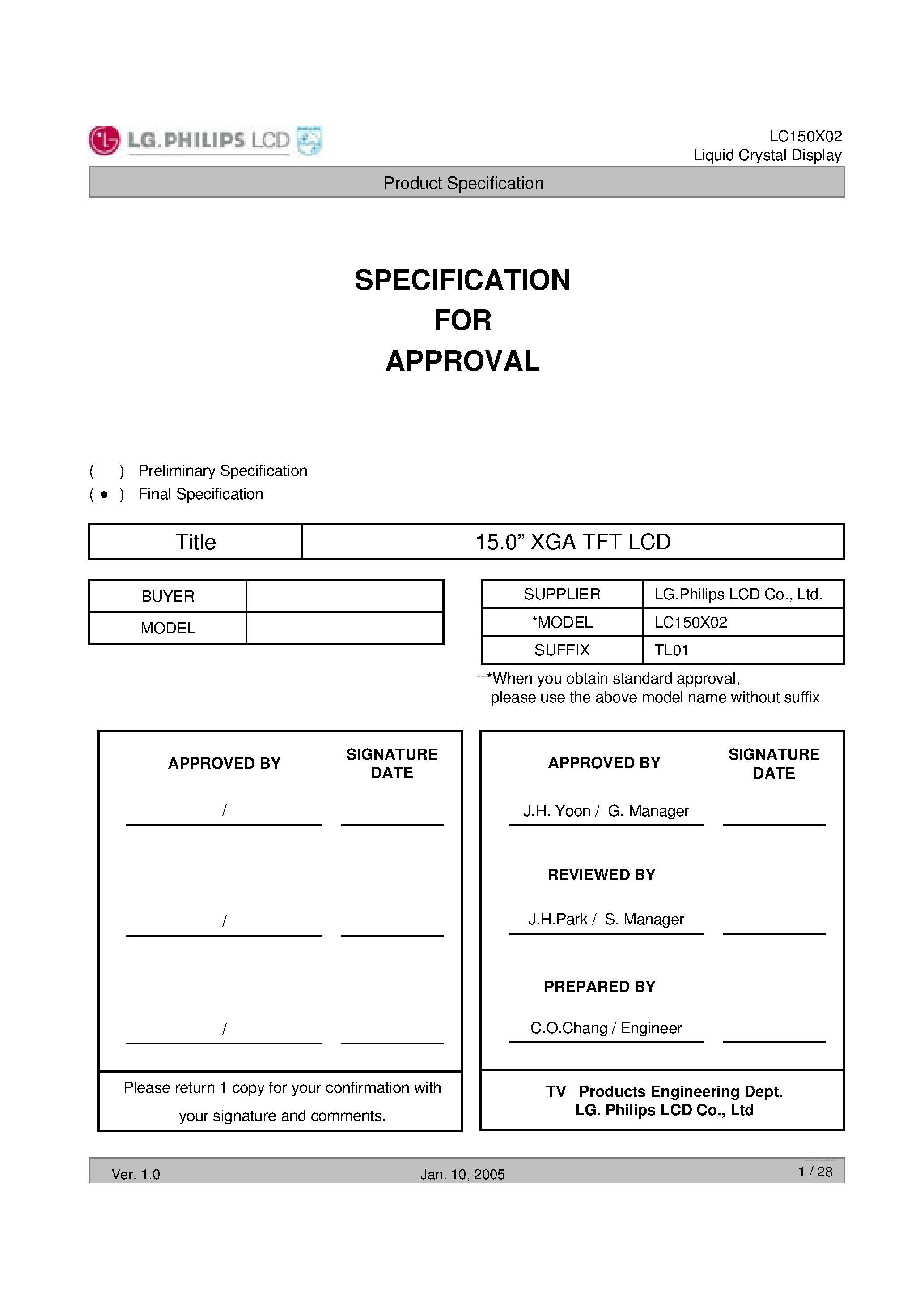 Datasheet LC150X02-TL01 - Liquid Crystal Display page 1