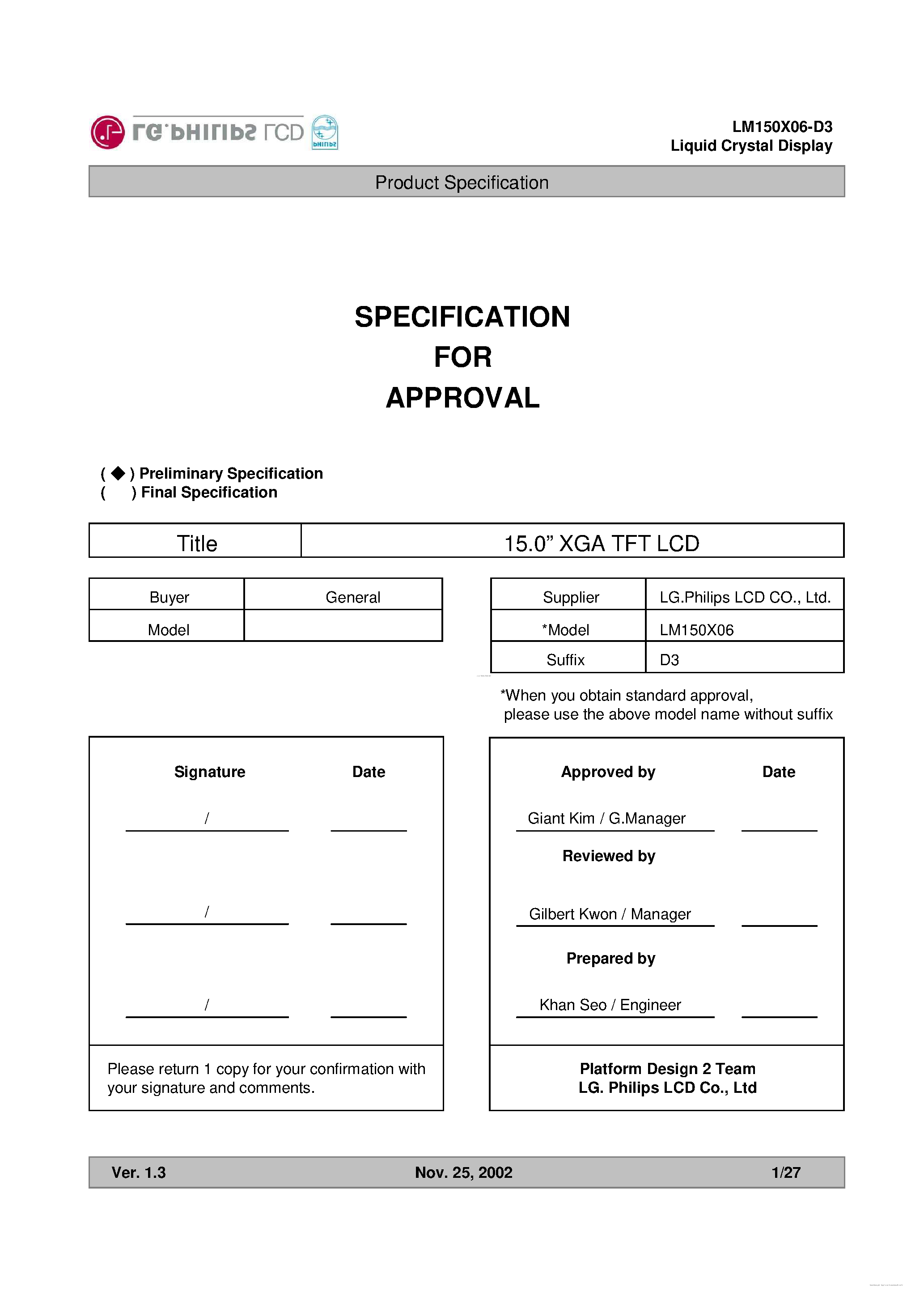 Datasheet LM150X06-D3 - Liquid Crystal Display page 1