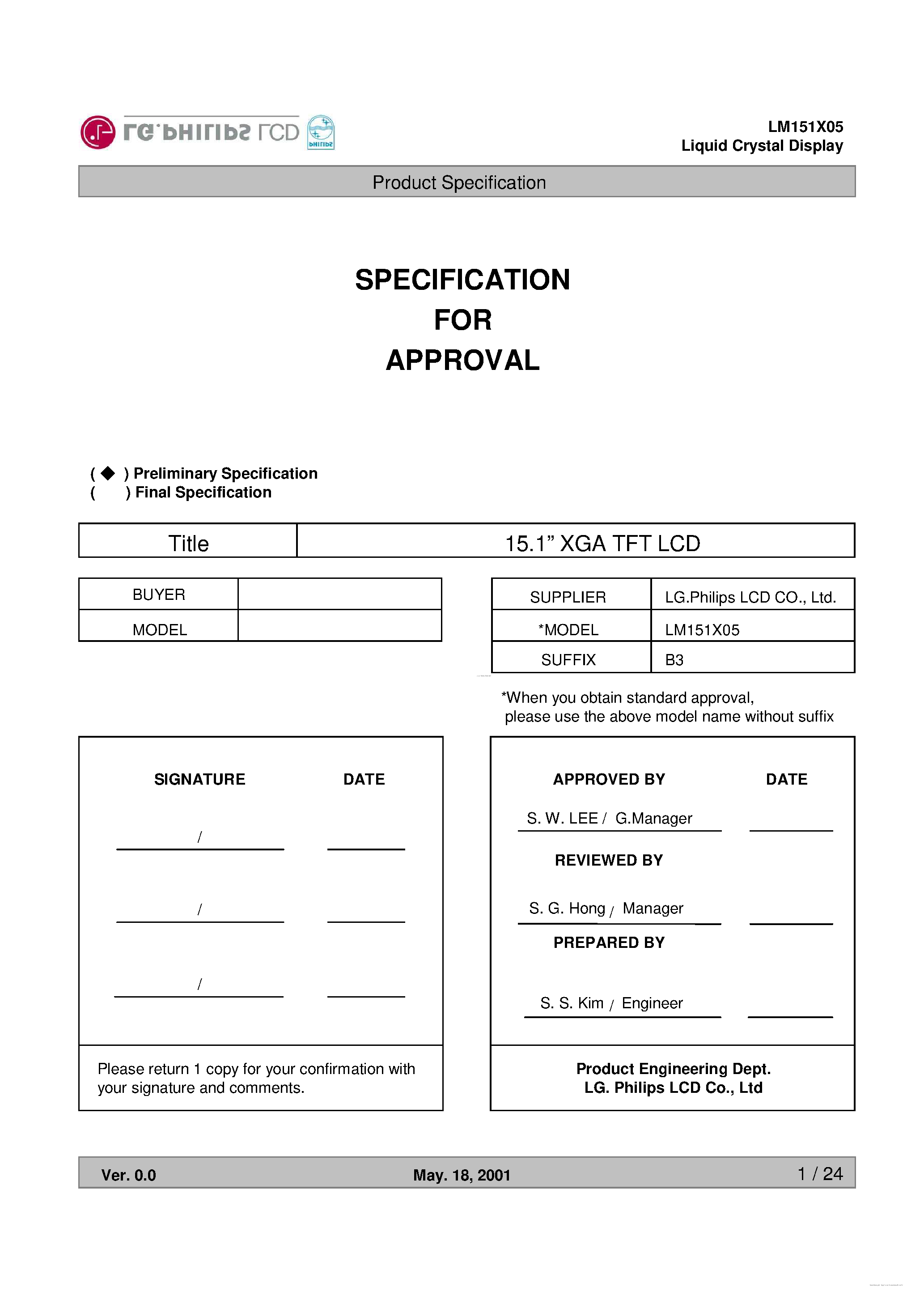 Datasheet LM151X05-B3 - Liquid Crystal Display page 1