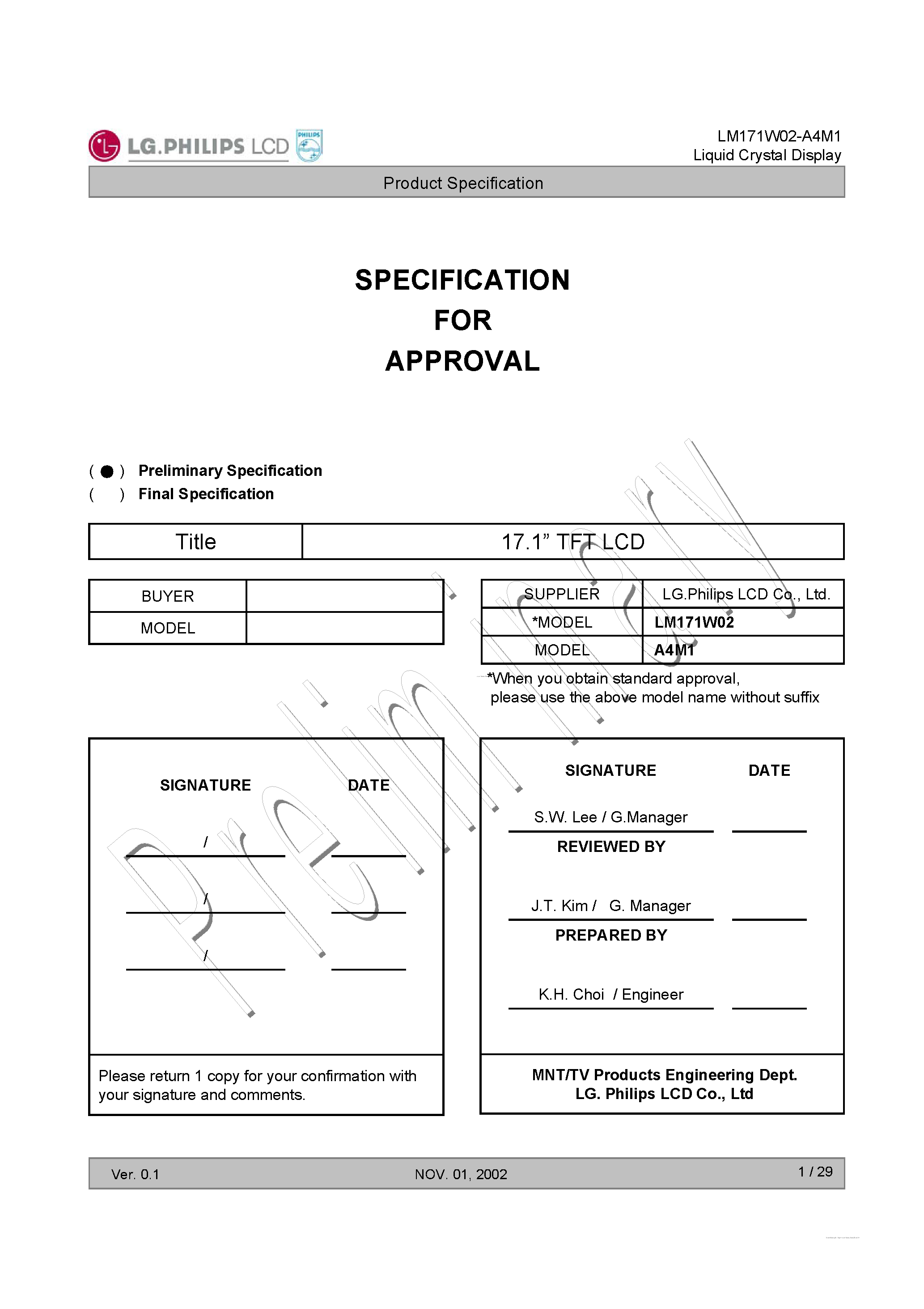 Даташит на микросхему LM171W02-A4M1 страница 1 Даташит LM171W02-A4M1 - Liquid Crystal Display страница 1