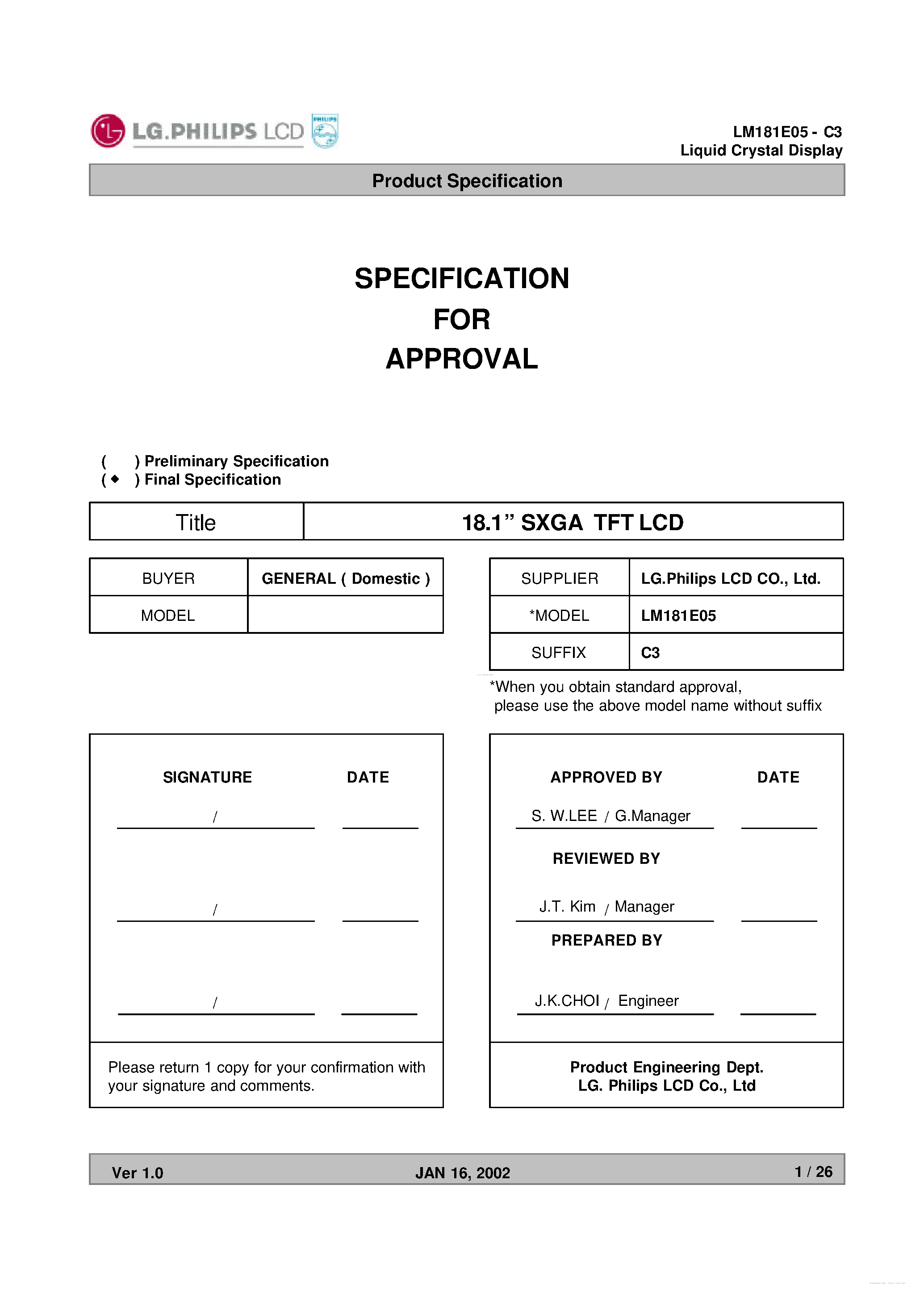Даташит LM181E05-C3 - Liquid Crystal Display страница 1