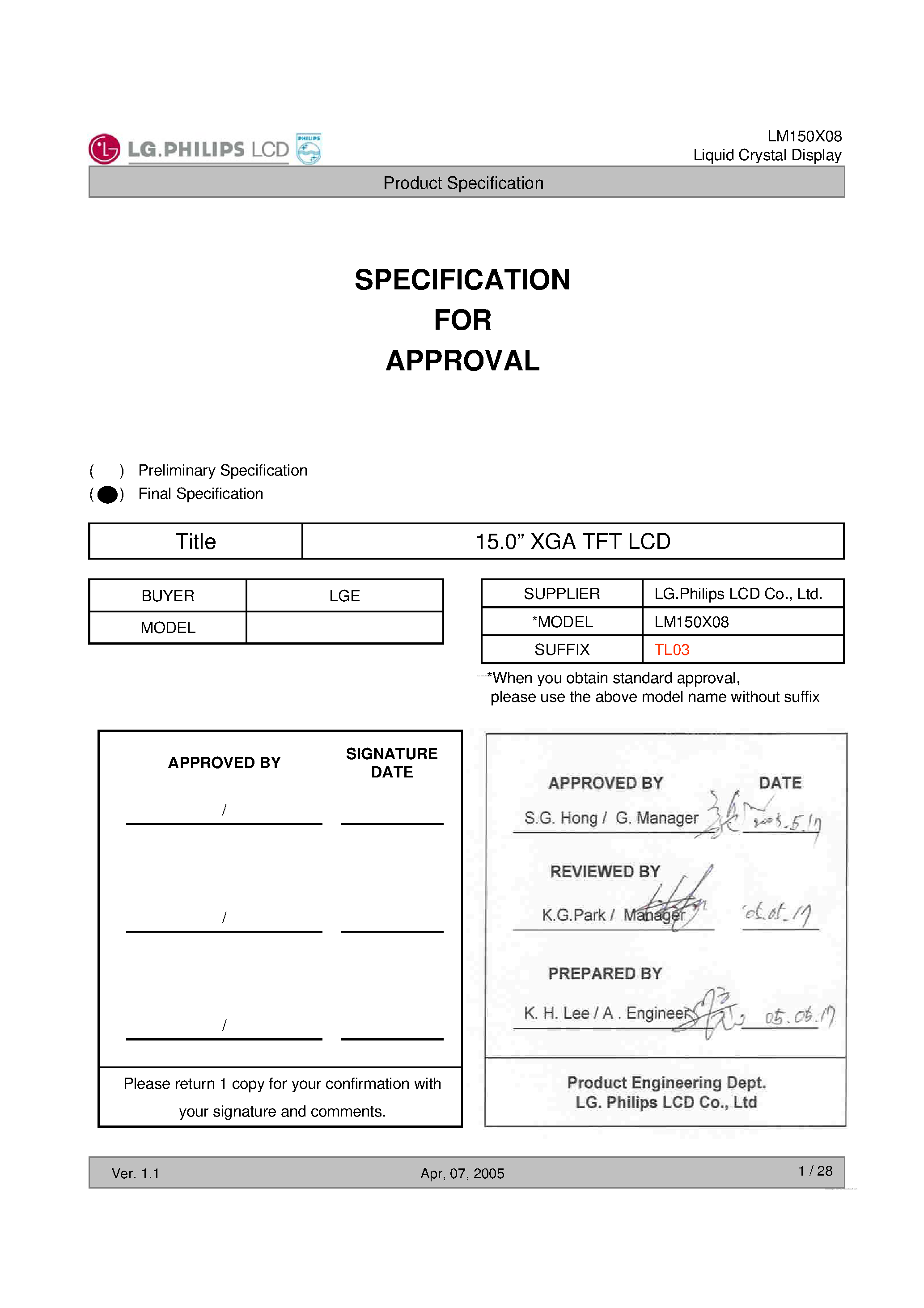 Datasheet LM150X08-TL03 - Liquid Crystal Display page 1