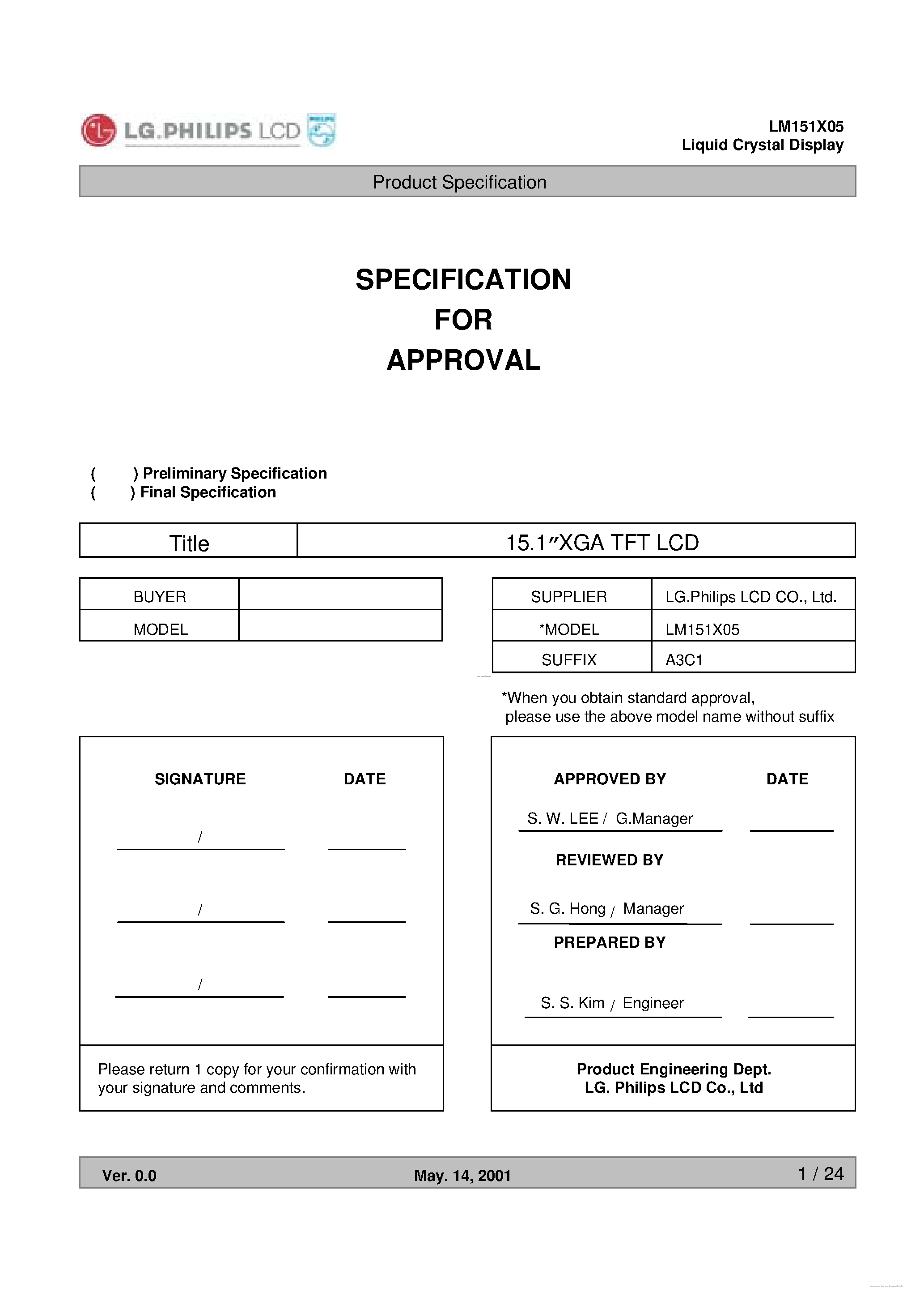 Datasheet LM151X05-A3C1 - Liquid Crystal Display page 1