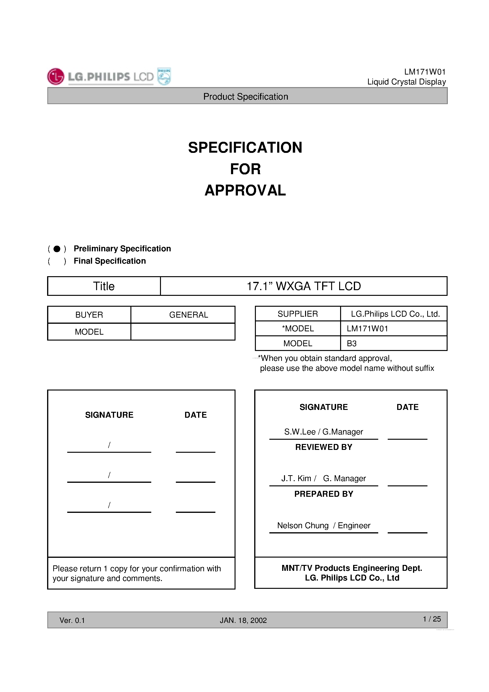 Даташит на микросхему LM171W01-B3 страница 1 Даташит LM171W01-B3 - Liquid Crystal Display страница 1