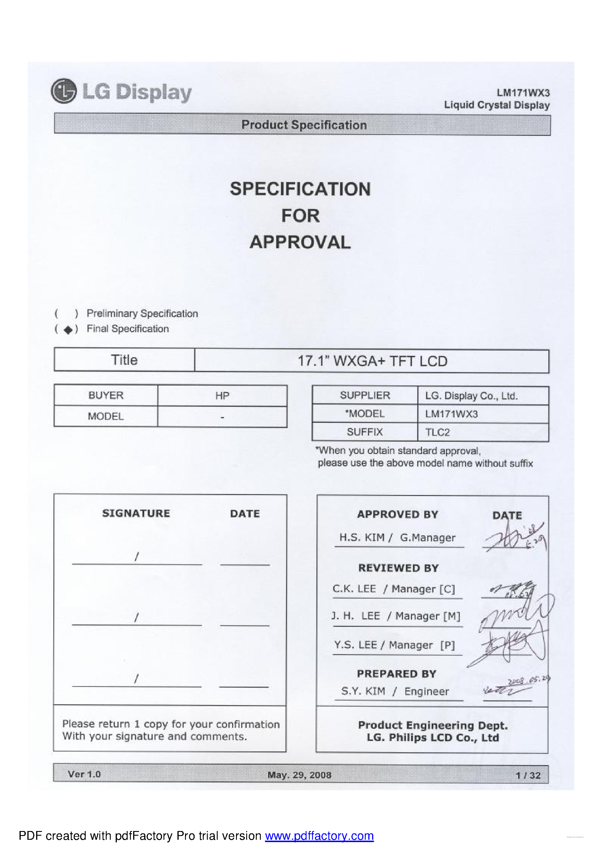 Даташит на микросхему LM171WX3-TLC2 страница 1 Даташит LM171WX3-TLC2 - Liquid Crystal Display страница 1