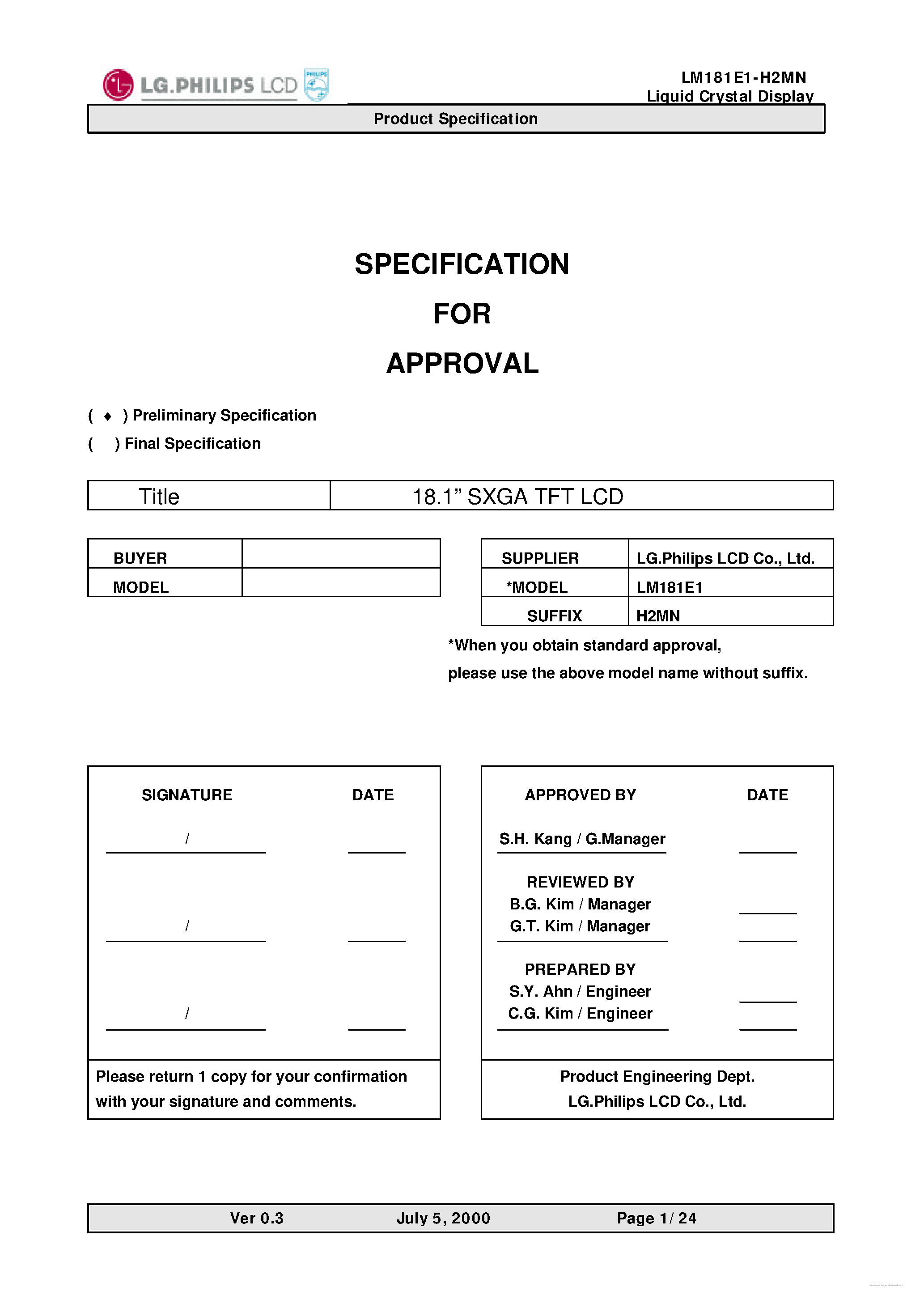 Даташит на микросхему LM181E1-H2MN страница 1 Даташит LM181E1-H2MN - Liquid Crystal Display страница 1