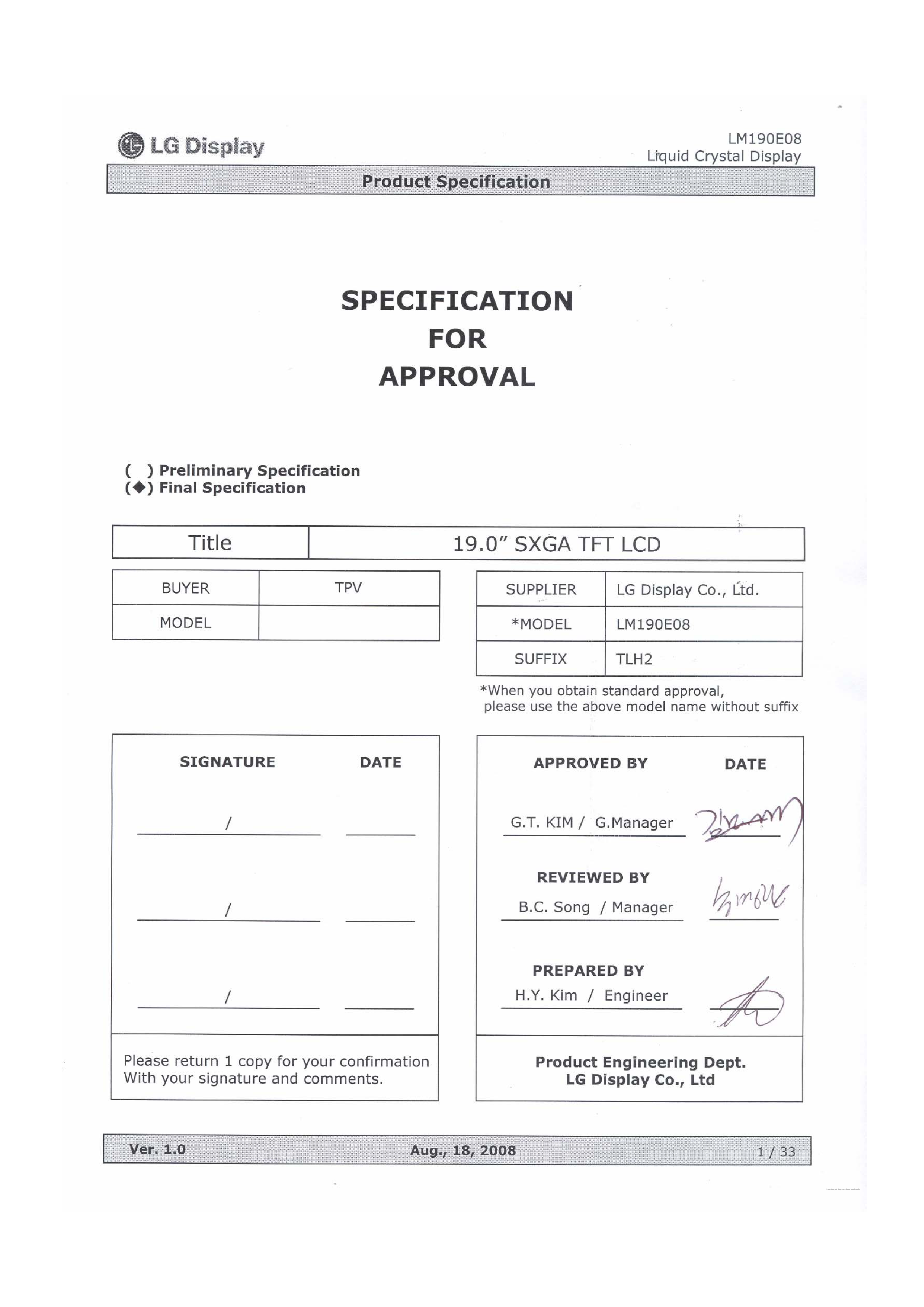 Даташит на микросхему LM190E08-TLH2 страница 1 Даташит LM190E08-TLH2 - Liquid Crystal Display страница 1