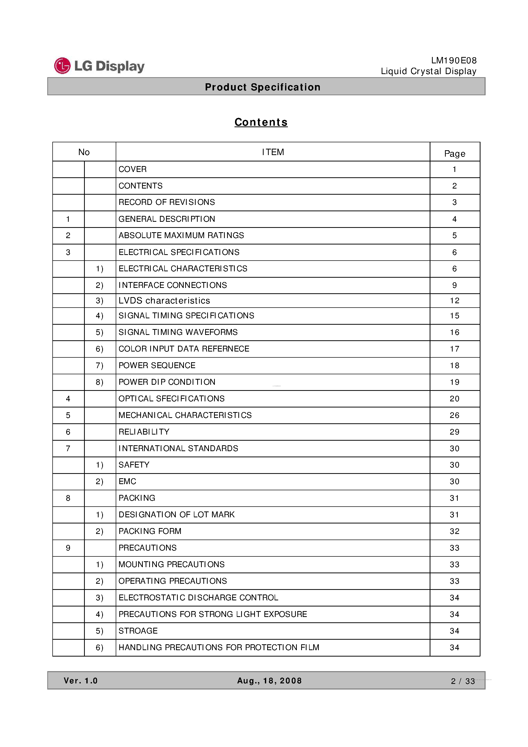 Даташит на микросхему LM190E08-TLH2 страница 2 Даташит LM190E08-TLH2 - Liquid Crystal Display страница 2
