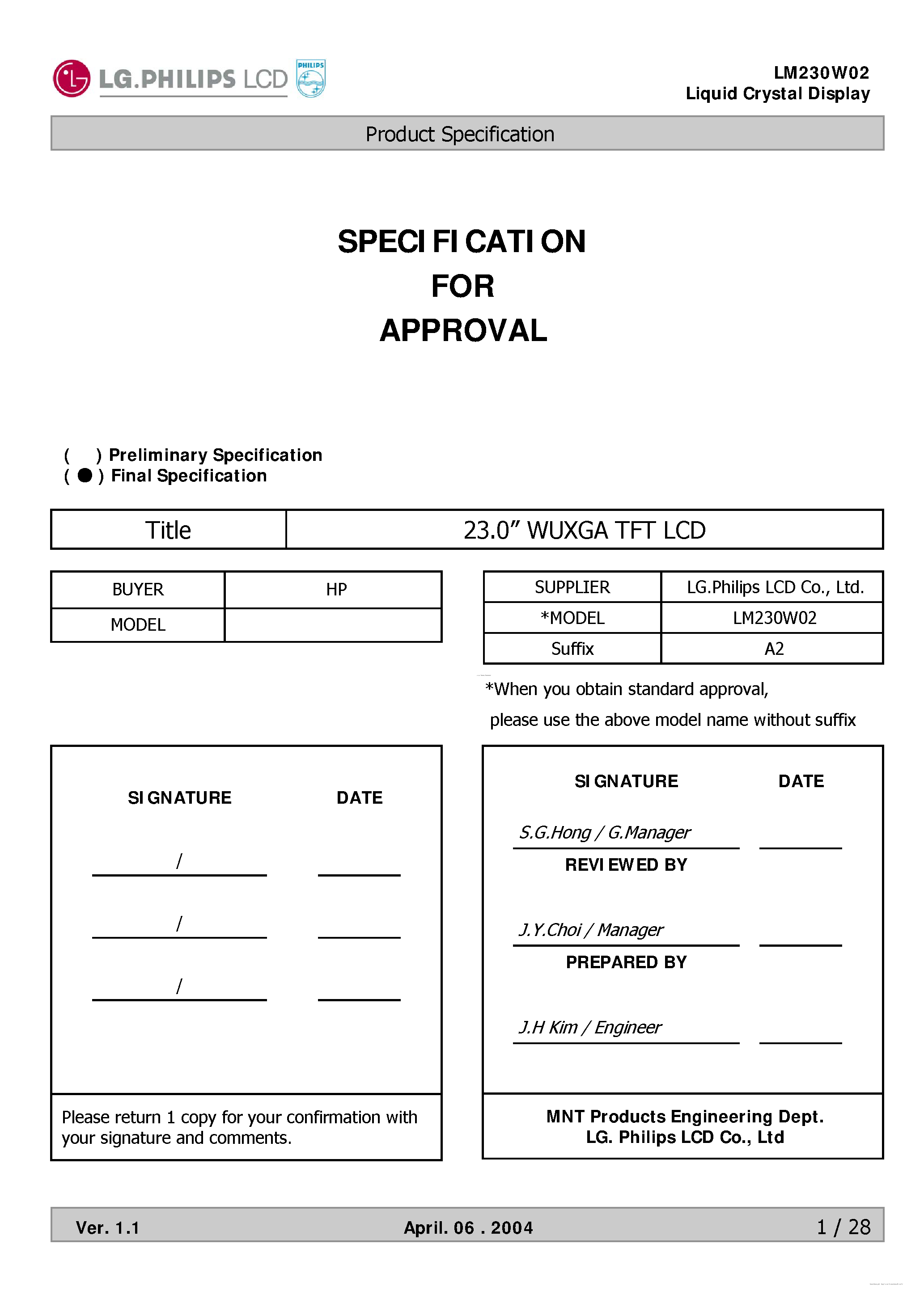 Datasheet LM230W02-A2 - Liquid Crystal Display page 1