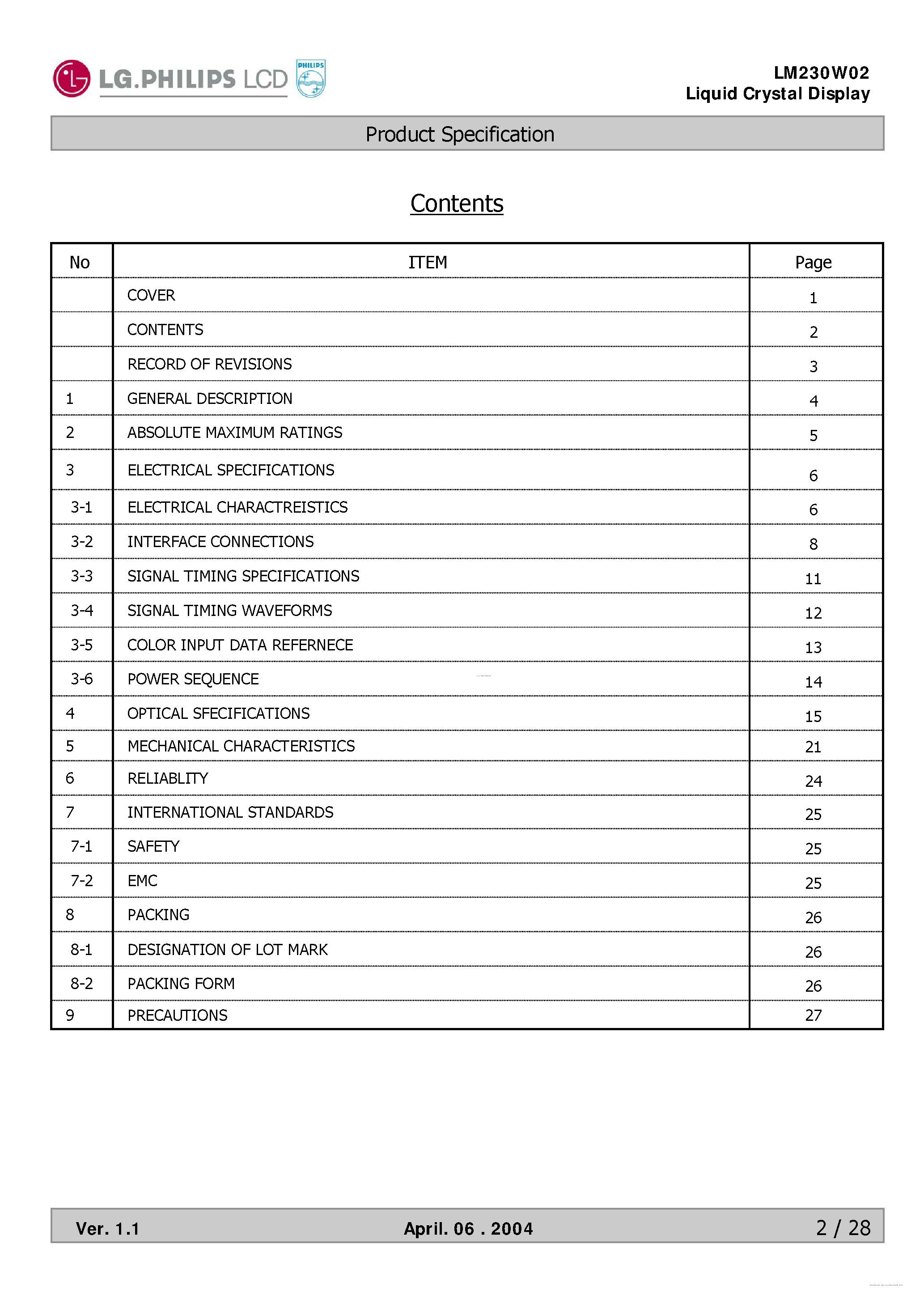 Datasheet LM230W02-A2 - Liquid Crystal Display page 2