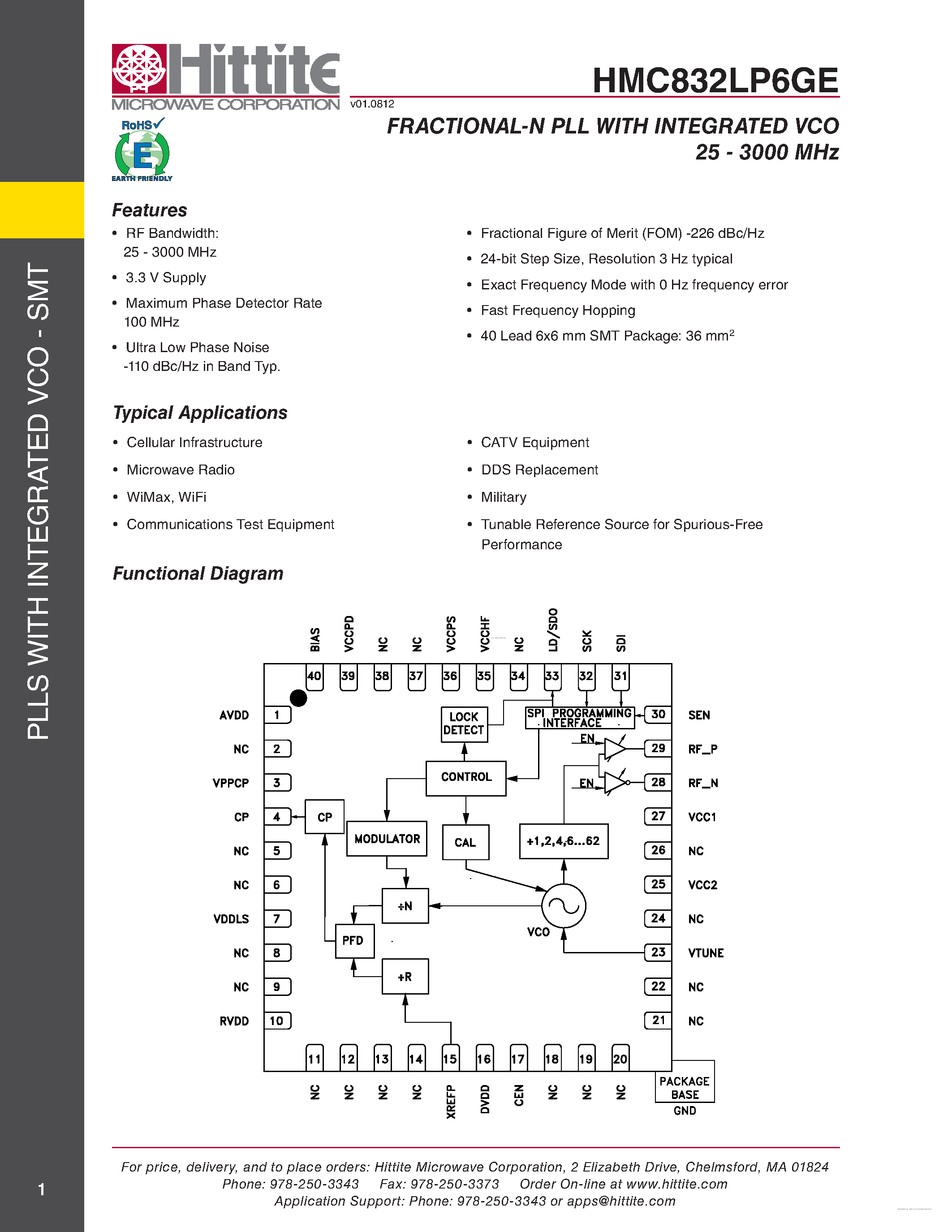 Datasheet HMC832LP6GE - FRACTIONAL-N PLL page 1