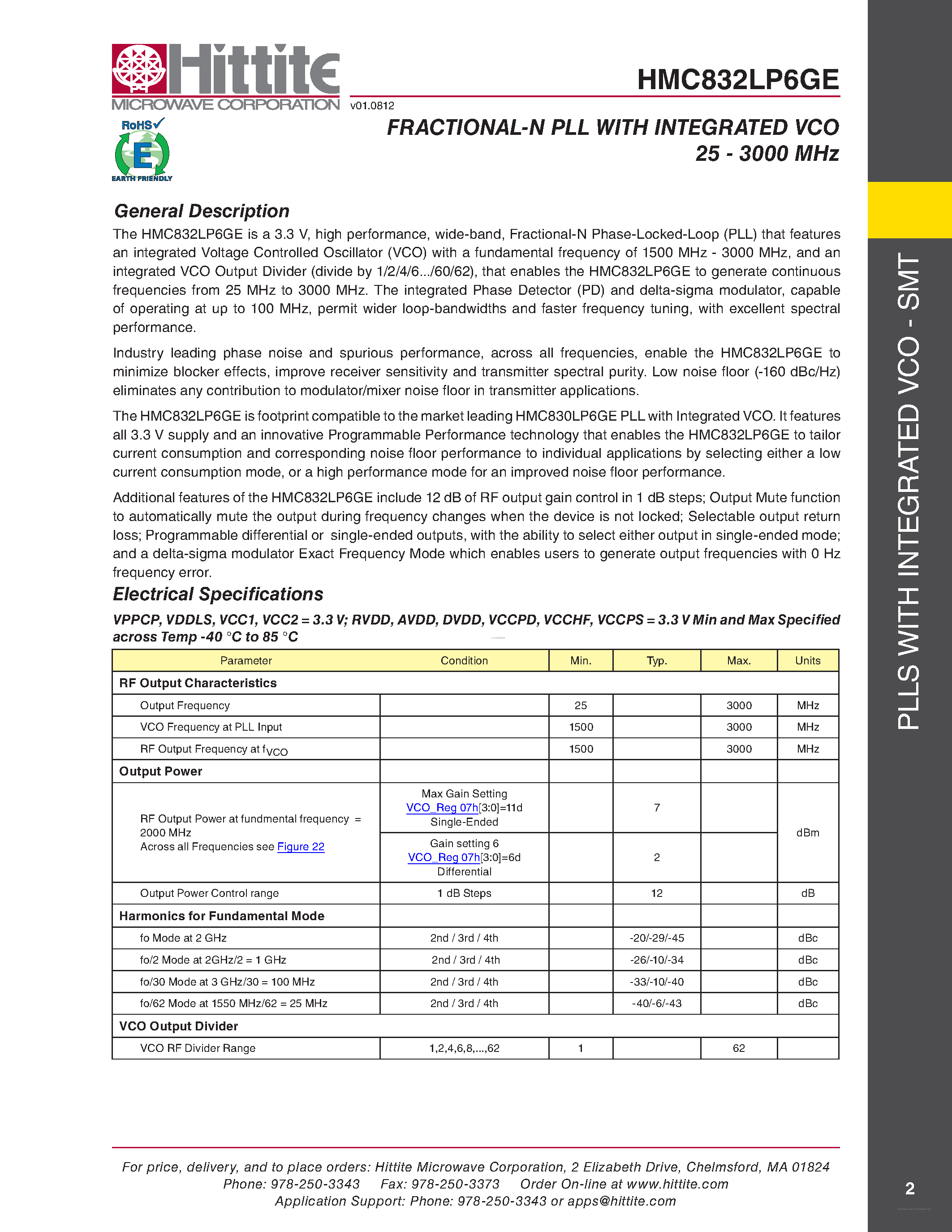 Datasheet HMC832LP6GE - FRACTIONAL-N PLL page 2