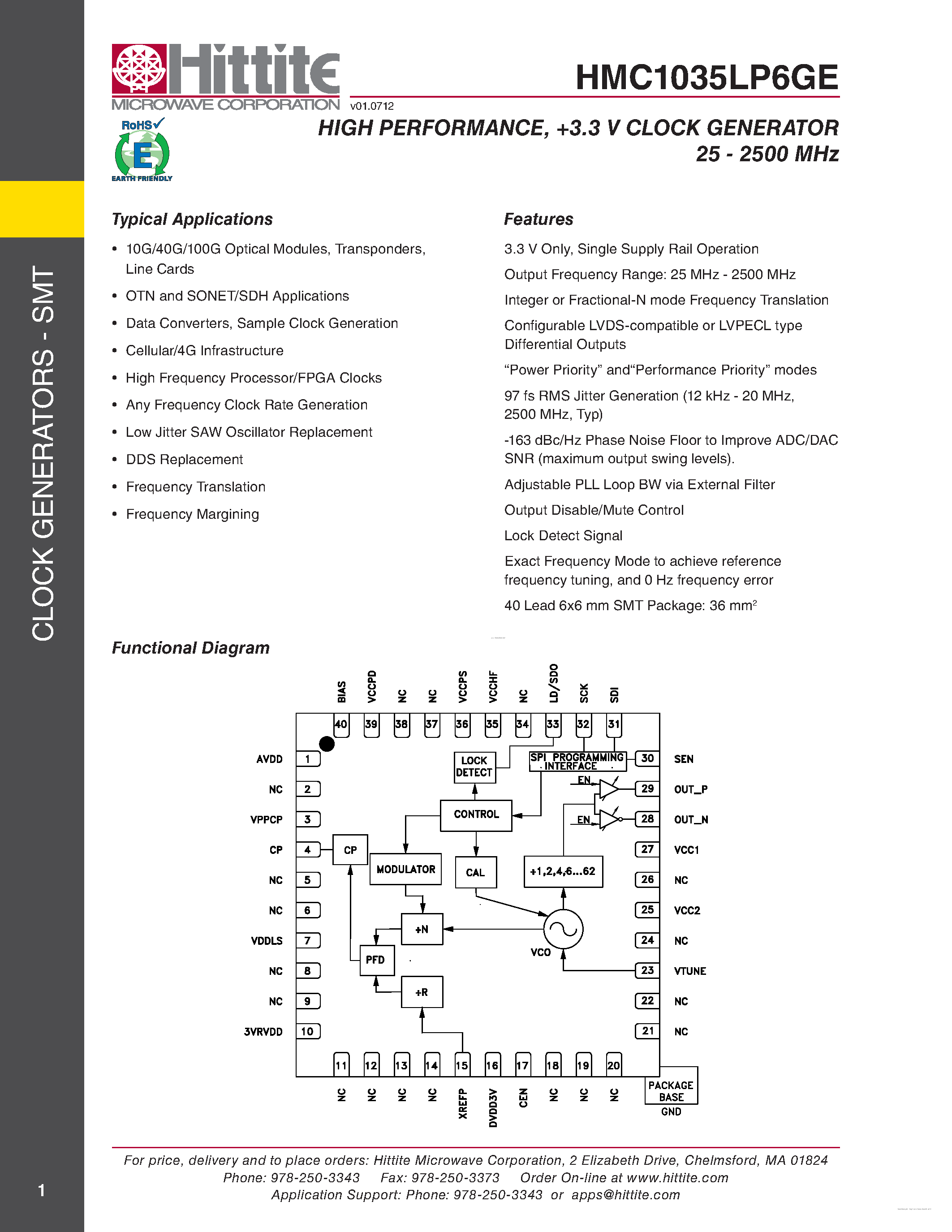 Datasheet HMC1035LP6GE - +3.3 V clock generator page 1