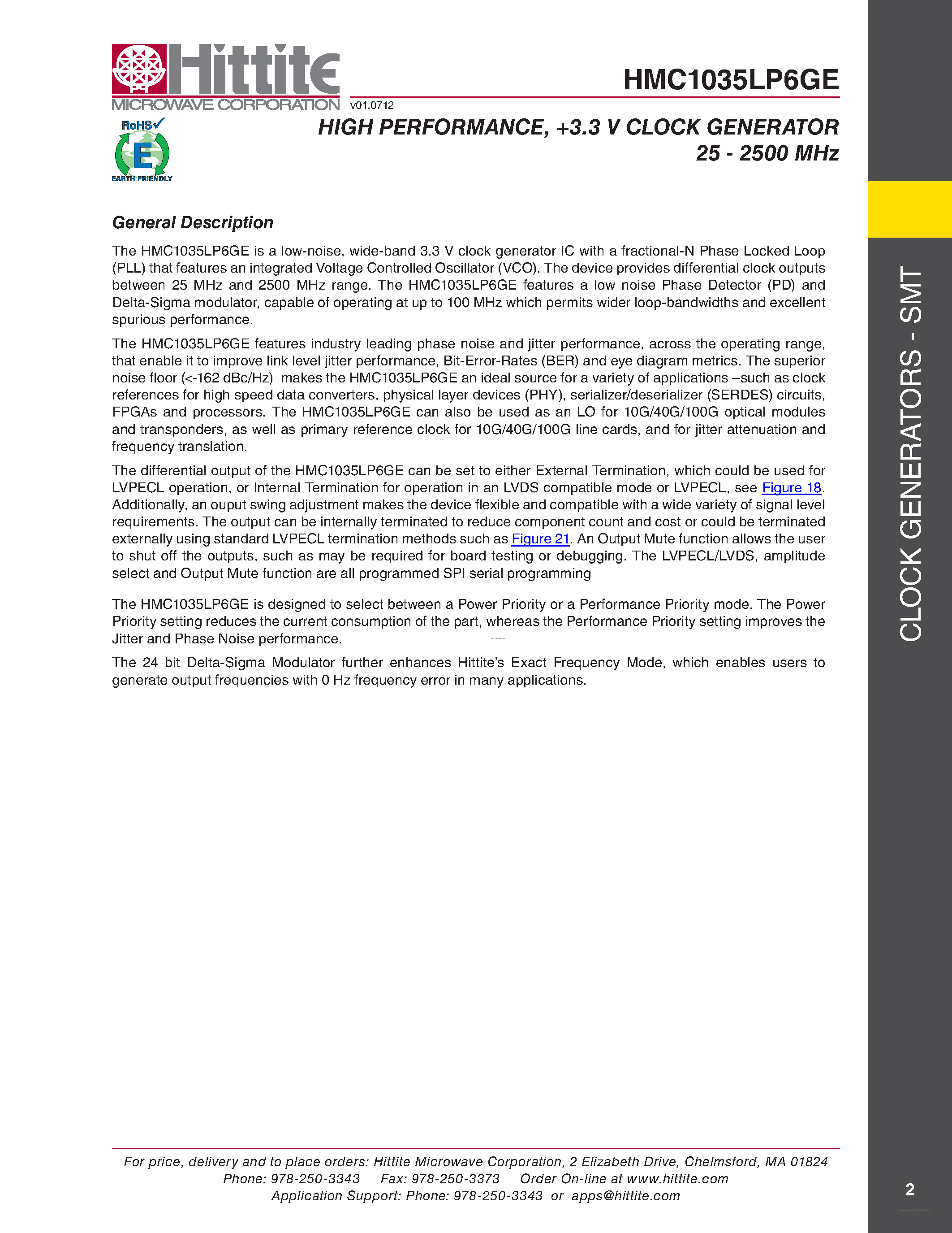 Datasheet HMC1035LP6GE - +3.3 V clock generator page 2