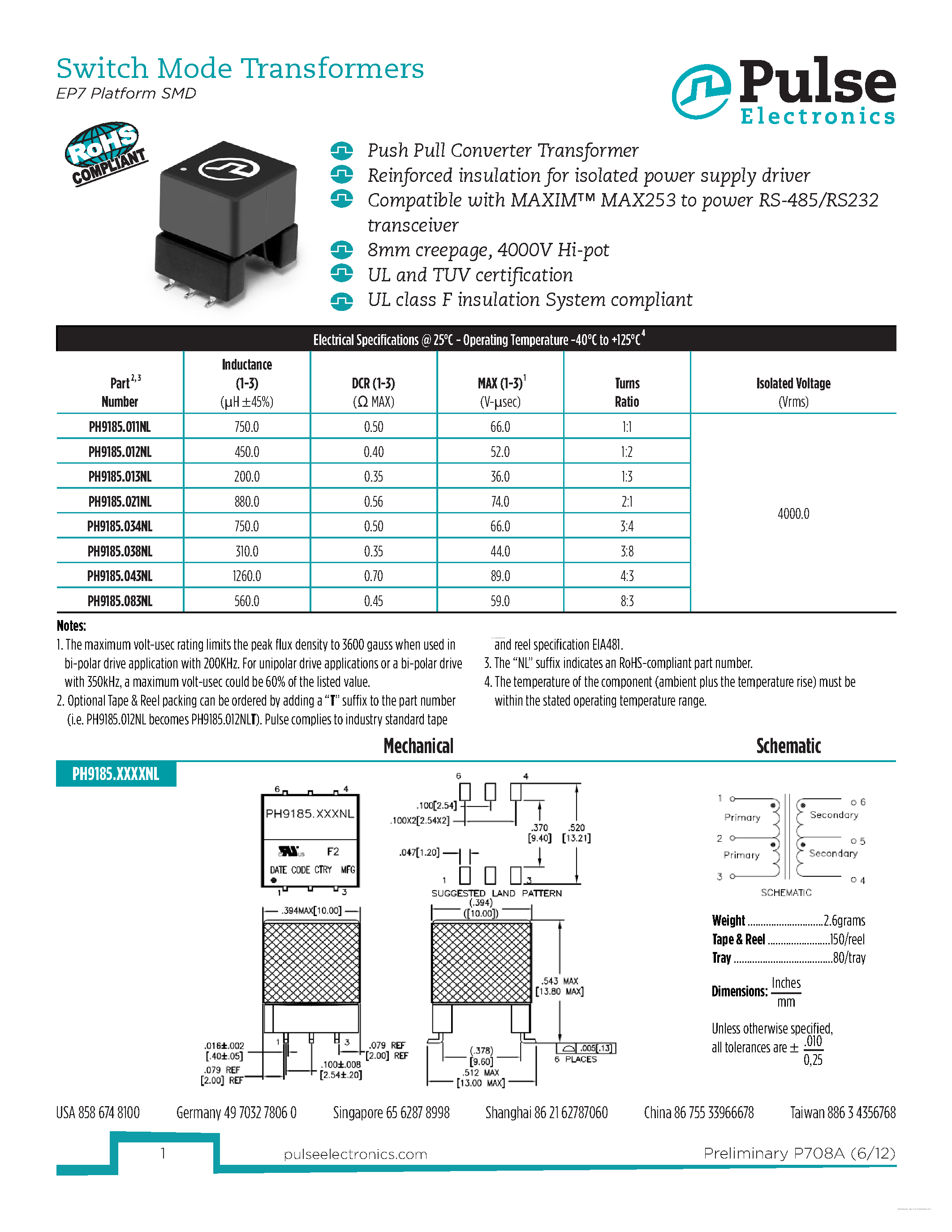 Datasheet PH9185.011NL - Switch Mode Transformers page 1