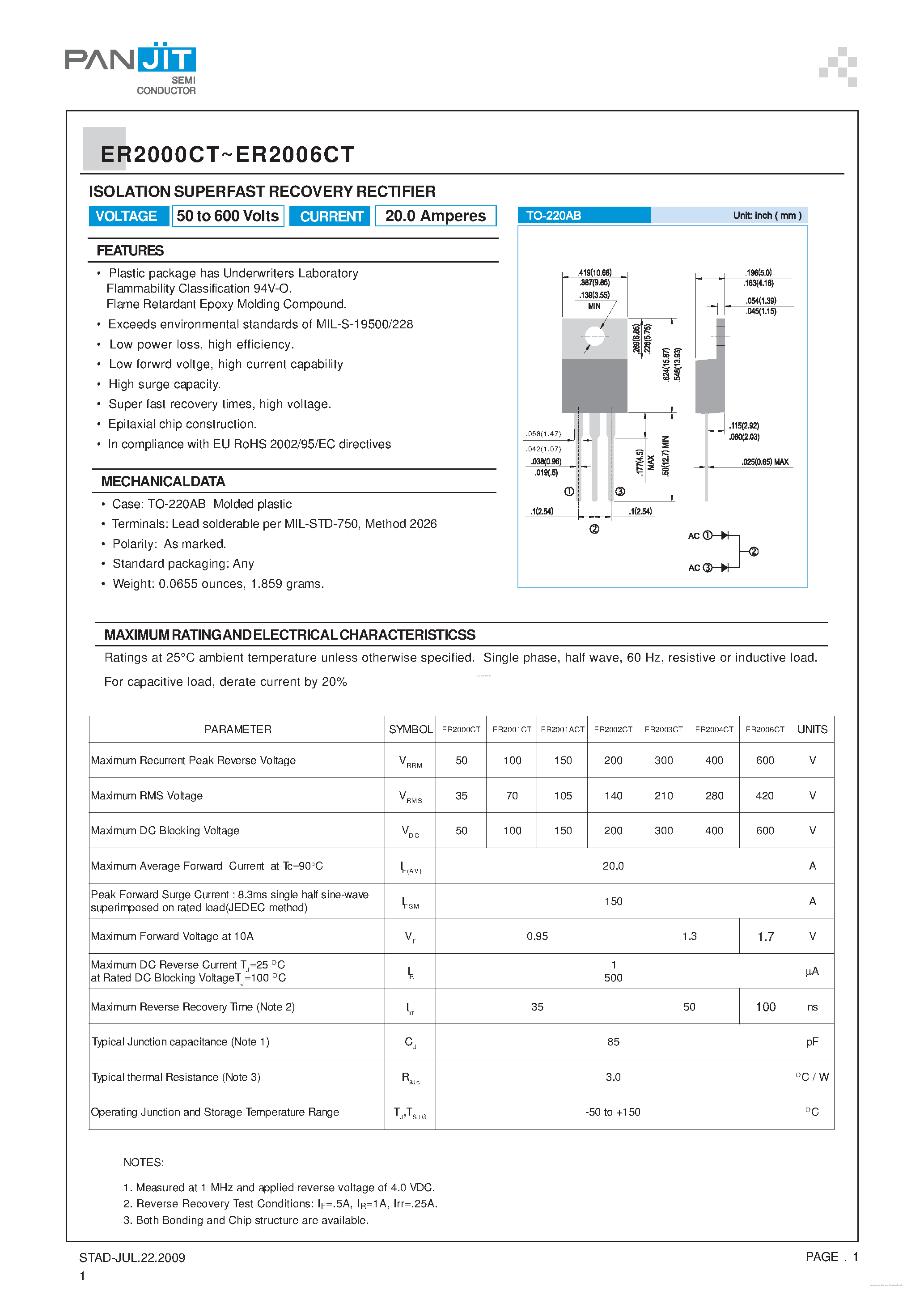 Даташит ER2000CT - (ER2000CT - ER2006CT) ISOLATION SUPERFAST RECOVERY RECTIFIER страница 1