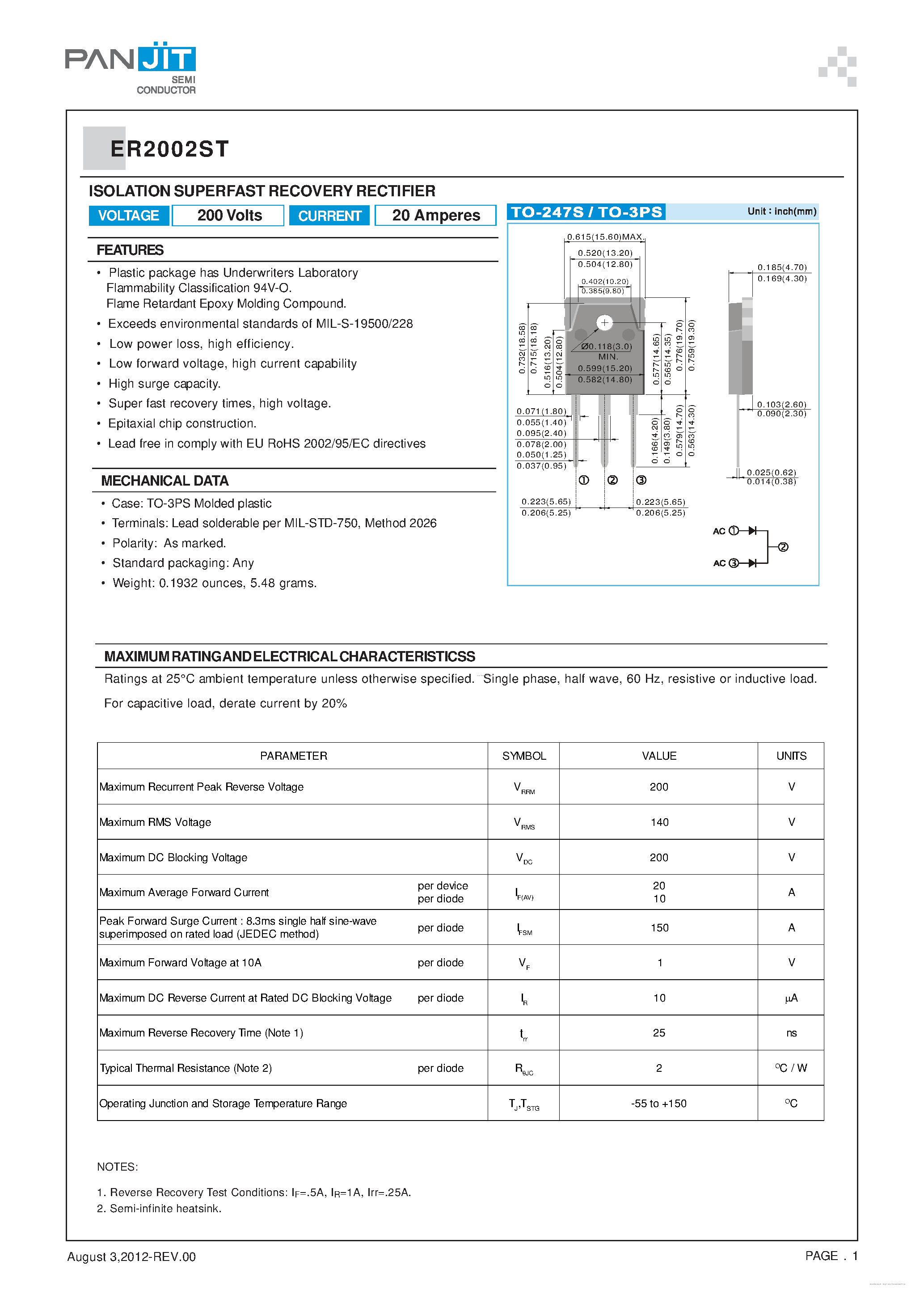 Datasheet ER2002ST page 1 Datasheet ER2002ST - ISOLATION SUPERFAST RECOVERY RECTIFIER page 1