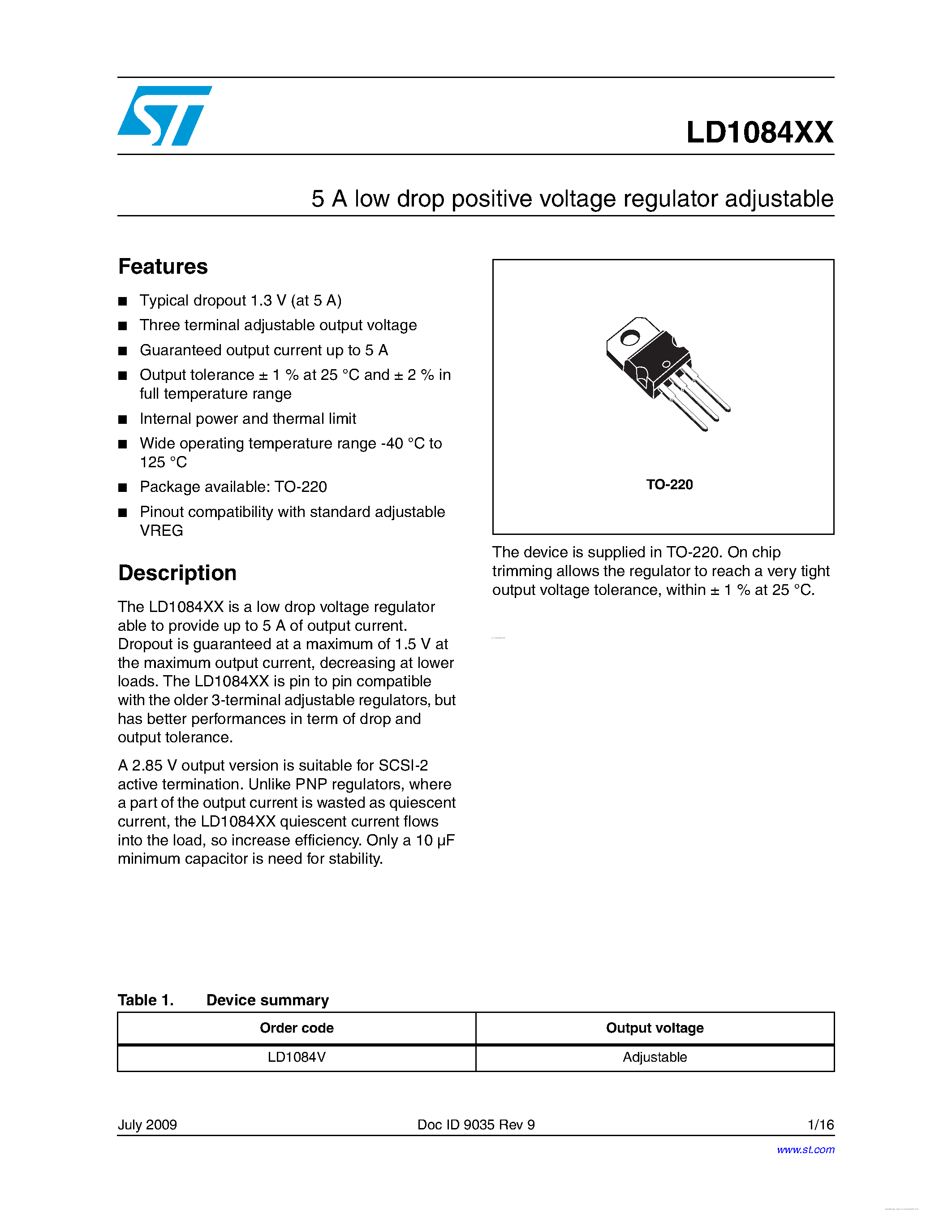 Даташит на микросхему LD1084V страница 1 Даташит LD1084V - 5A LOW DROP POSITIVE VOLTAGE REGULATOR ADJUSTABLE страница 1